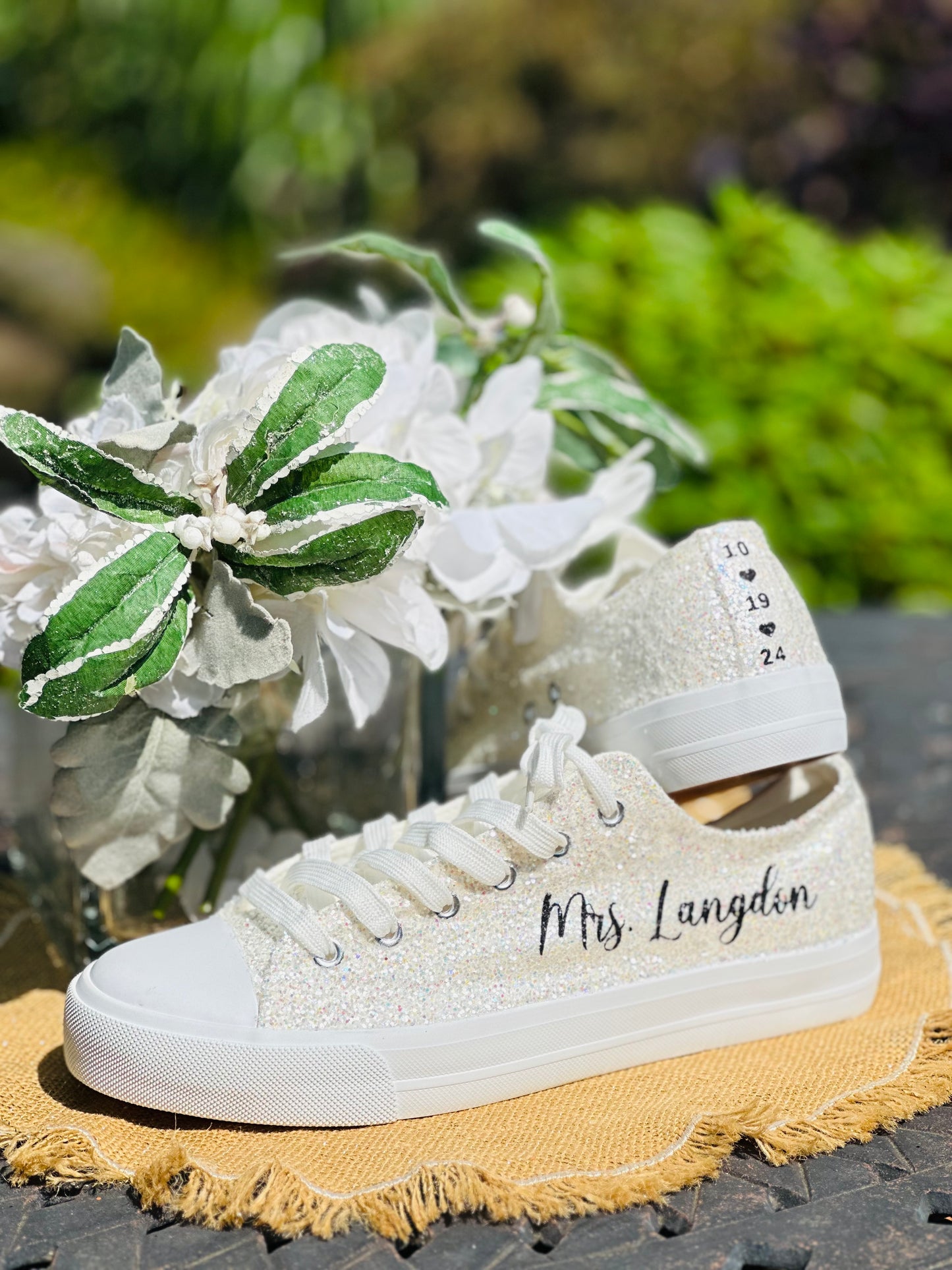 Personalized White Glitter Bride Sneakers with Black Writing