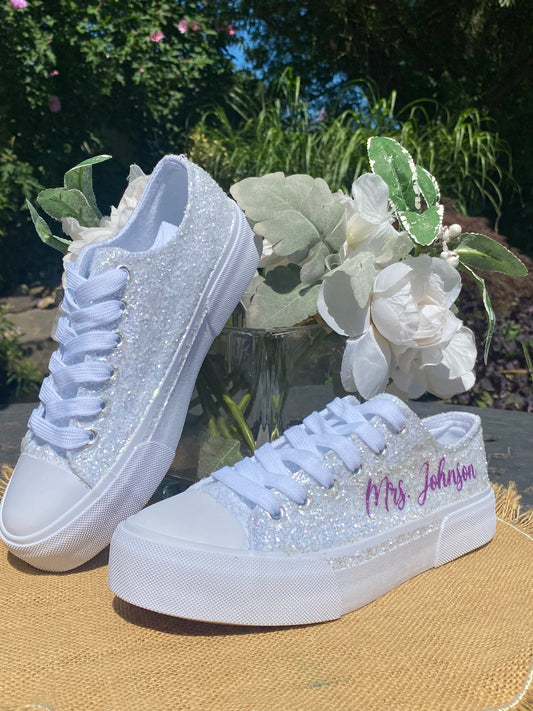 Personalized White Glitter Bride Sneakers with Purple Writing