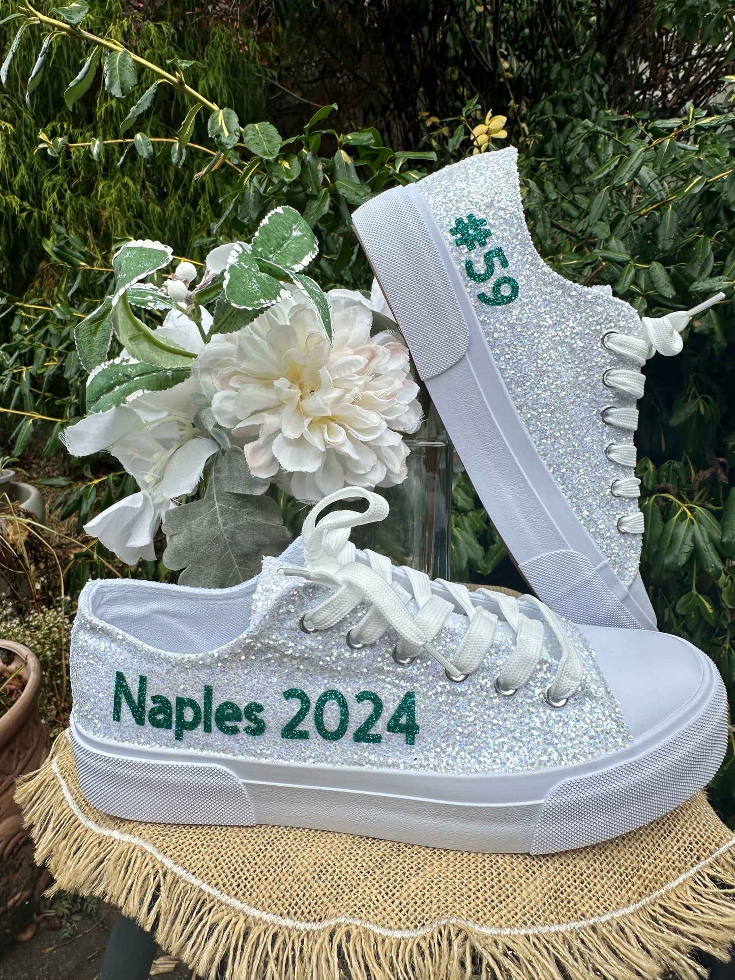 Personalized White Glitter Bride Sneakers with Emerald Green Writing