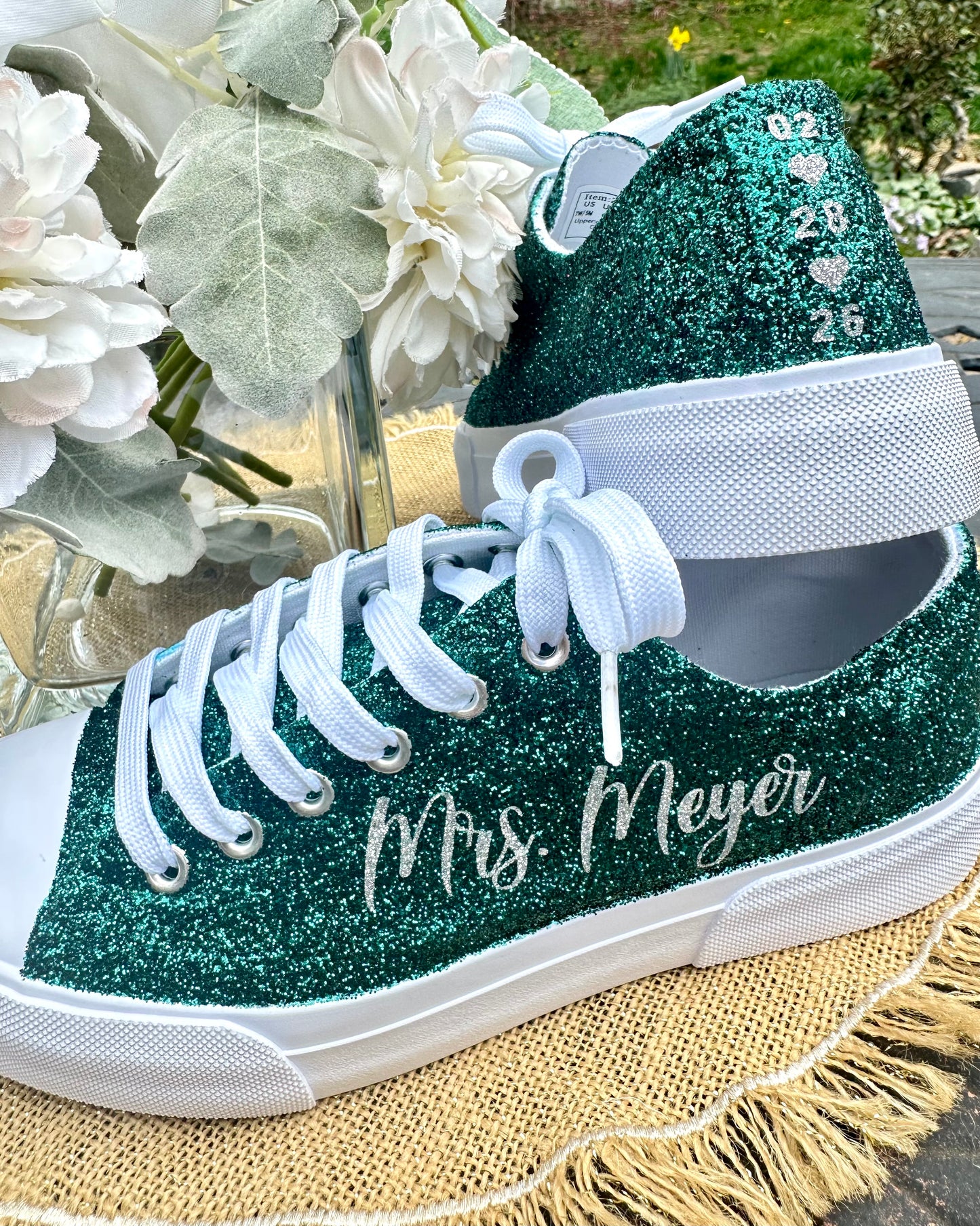 Hunter Green Glitter Wedding Sneakers with Silver Glitter Personalization