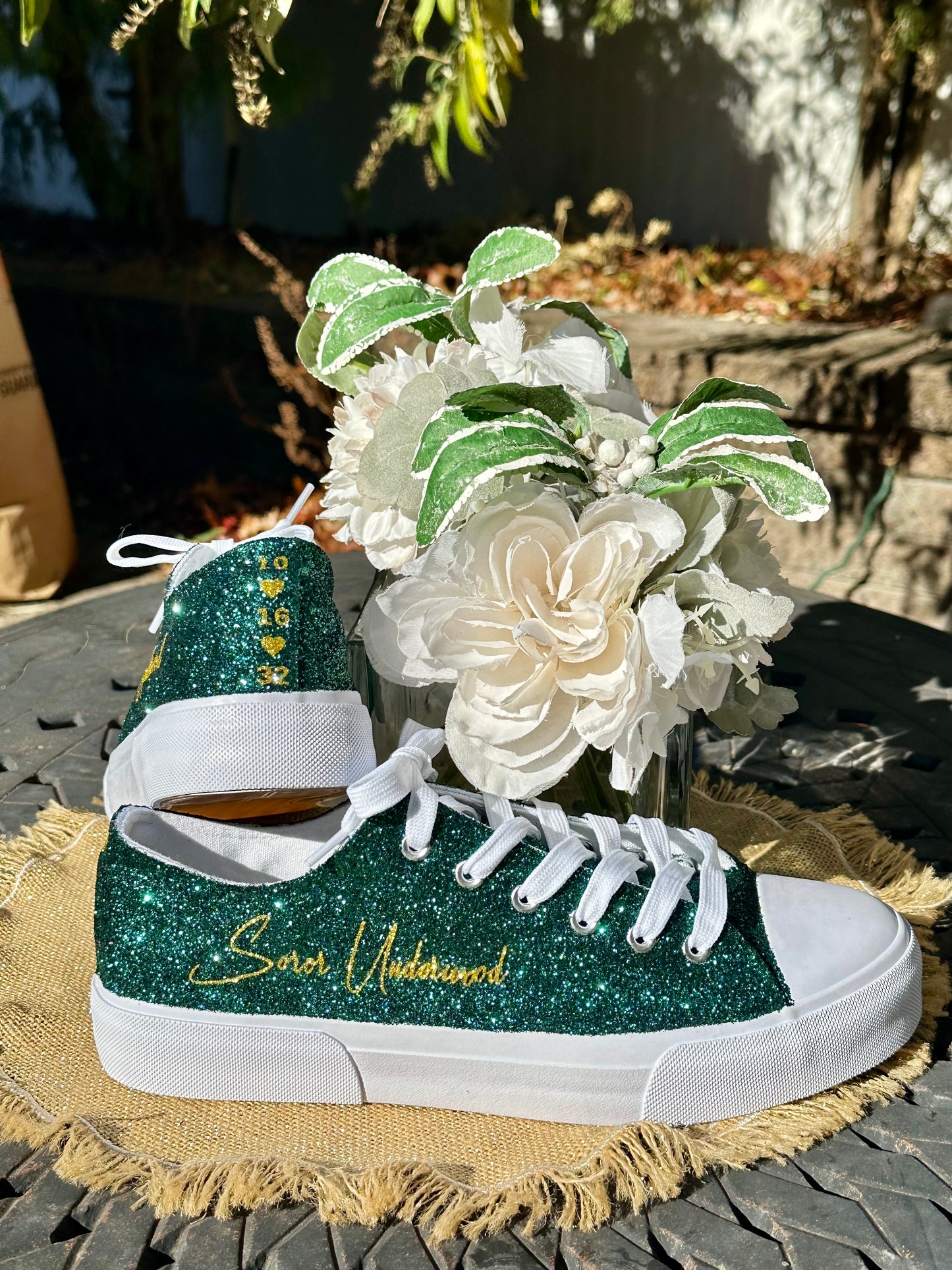 Hunter Green Glitter Wedding Sneakers with Gold Glitter Personalization