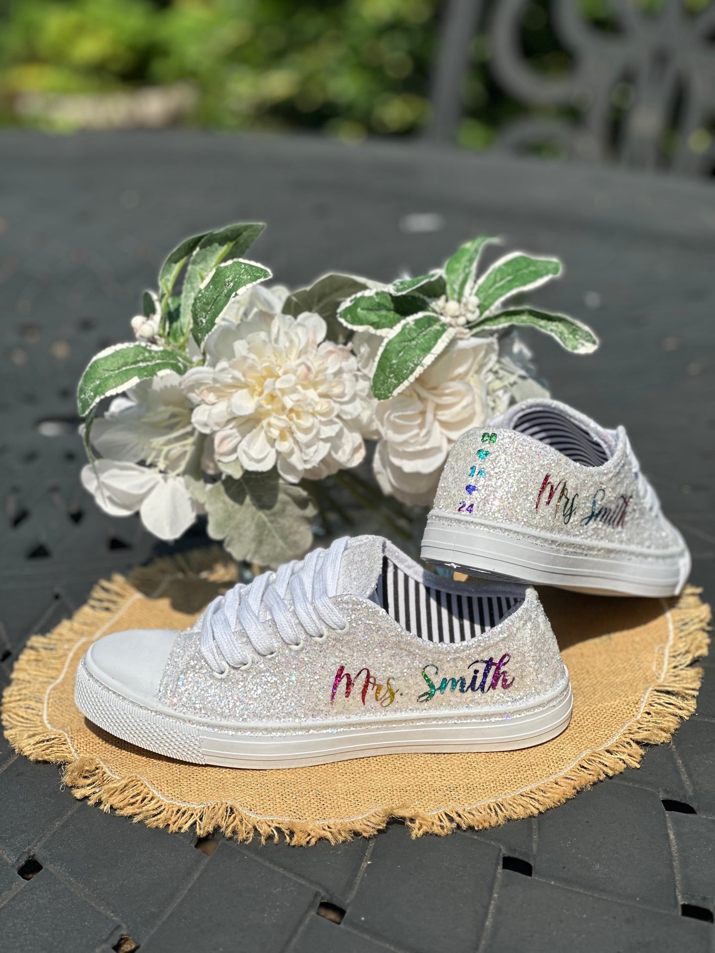 Personalized Rainbow & White Glitter Bride Sneakers