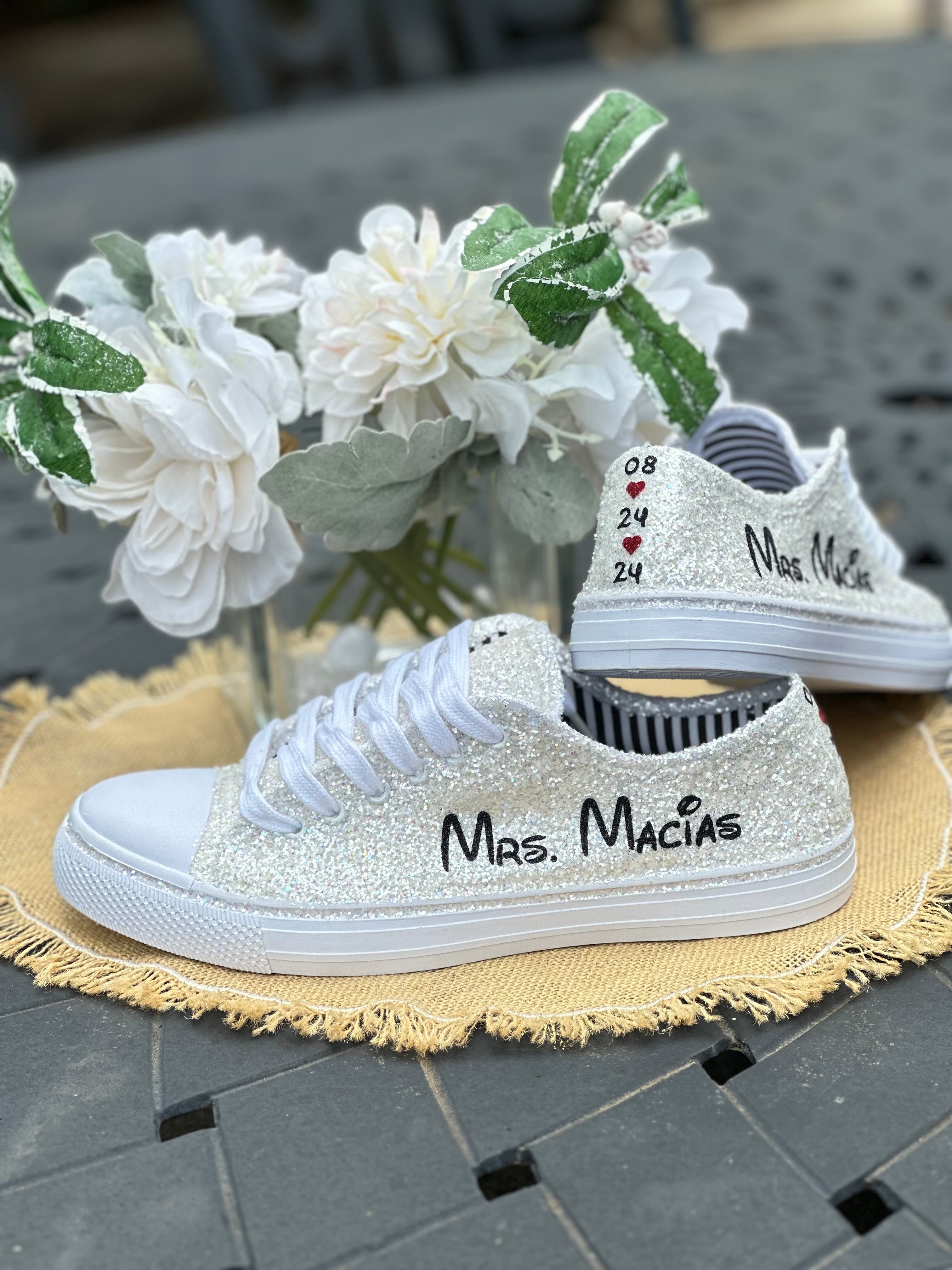 Personalized White Glitter Bride Sneakers with Black Mouse Inspired Wr Glitter It Glam Custom Sneakers