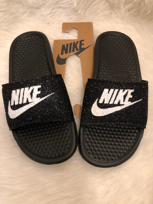 Black Glittered Custom Nike Slides