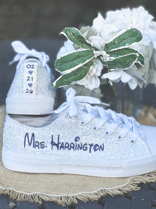 Personalized White Glitter Bride Sneakers with Mouse Inspired Writing