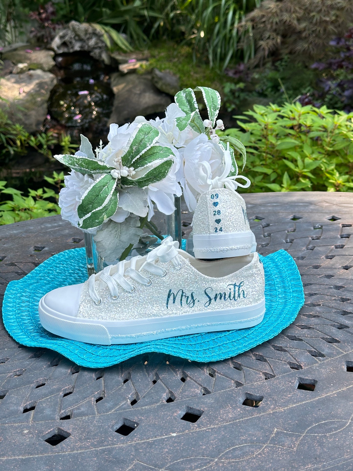 Teal Blue Personalized White Glitter Sneakers