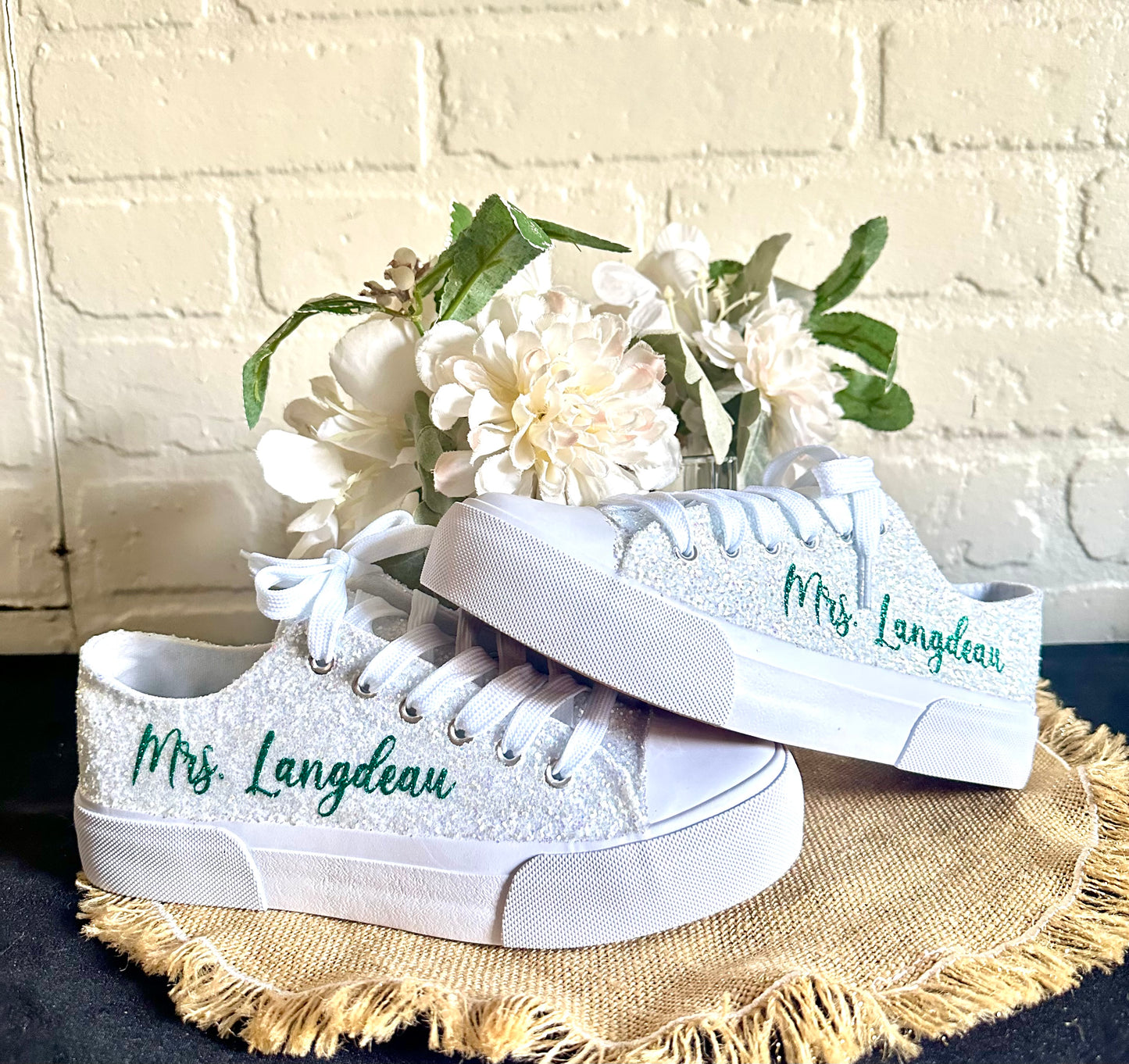 Personalized White Glitter Bride Sneakers with Emerald Green Writing