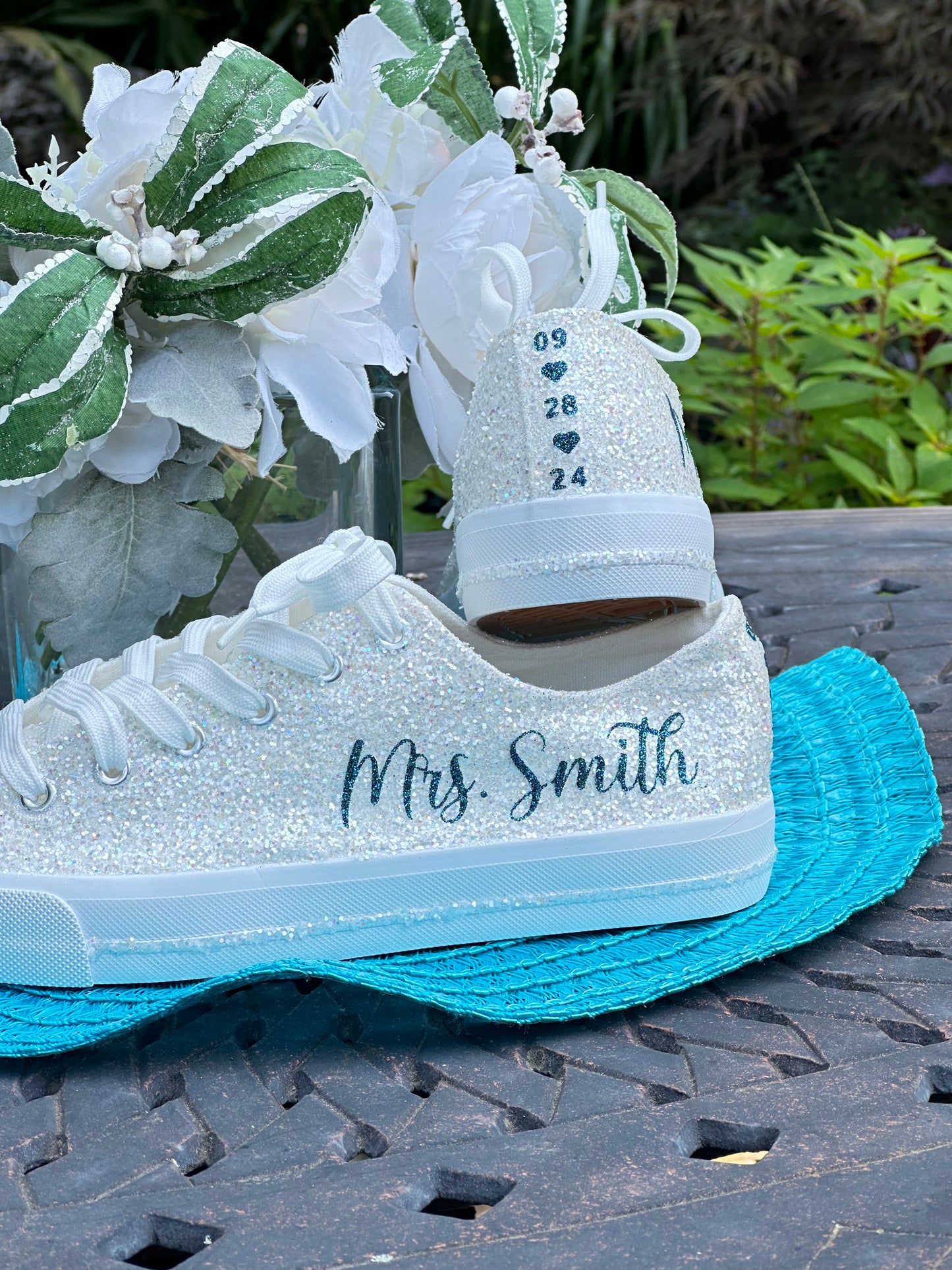 Teal Blue Personalized White Glitter Sneakers