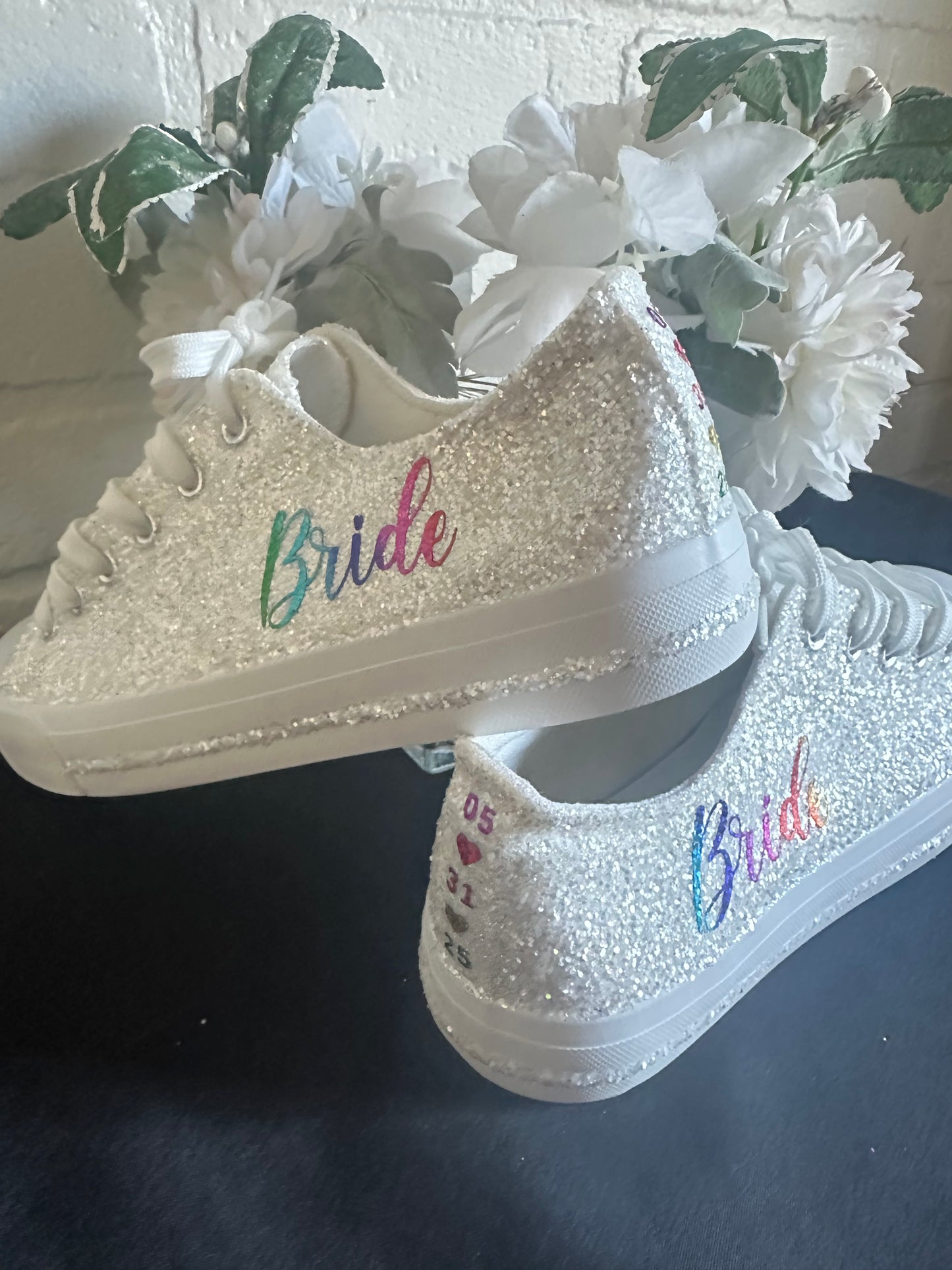 Personalized Rainbow & White Glitter Bride Sneakers