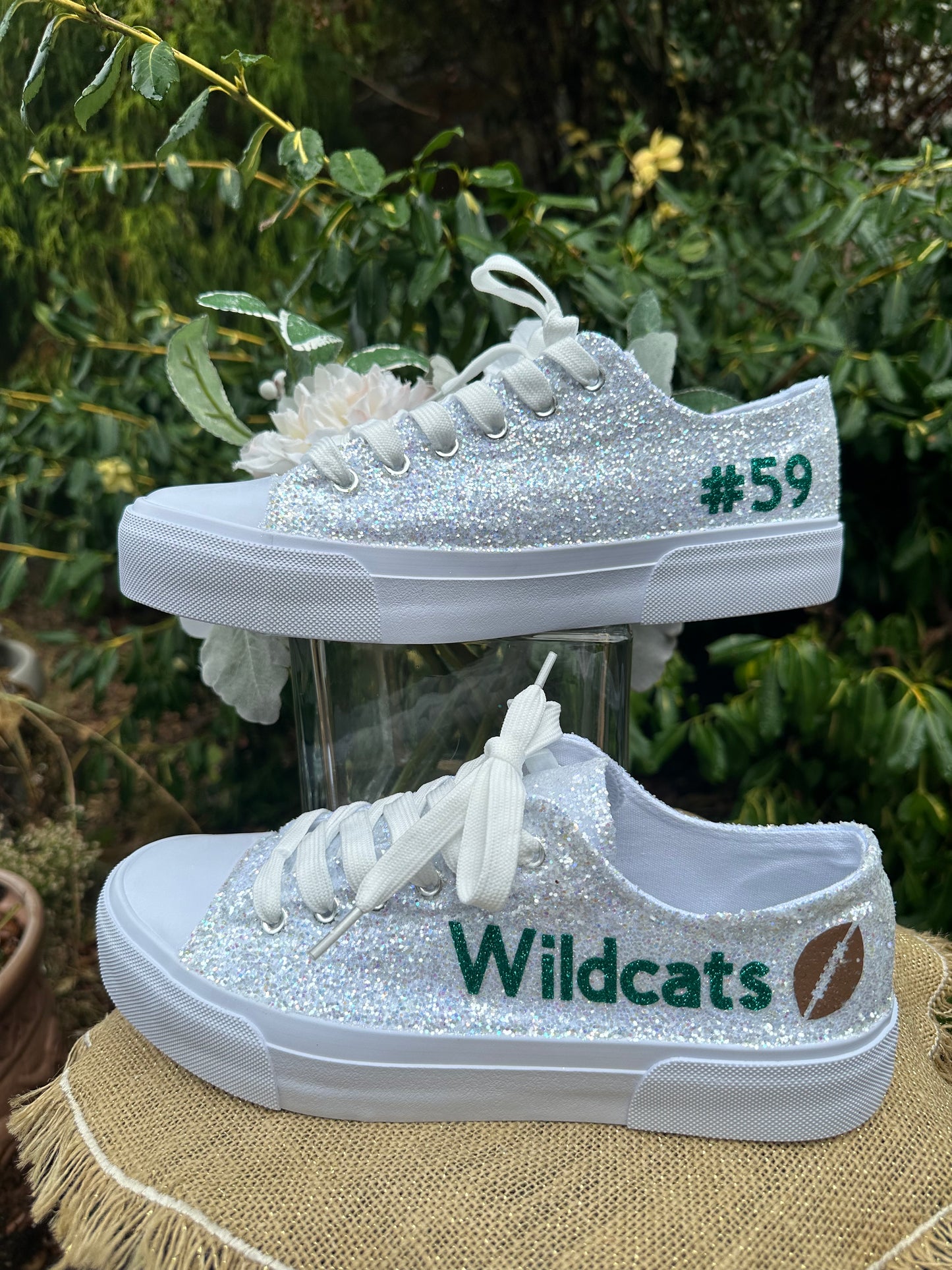 Personalized White Glitter Bride Sneakers with Emerald Green Writing