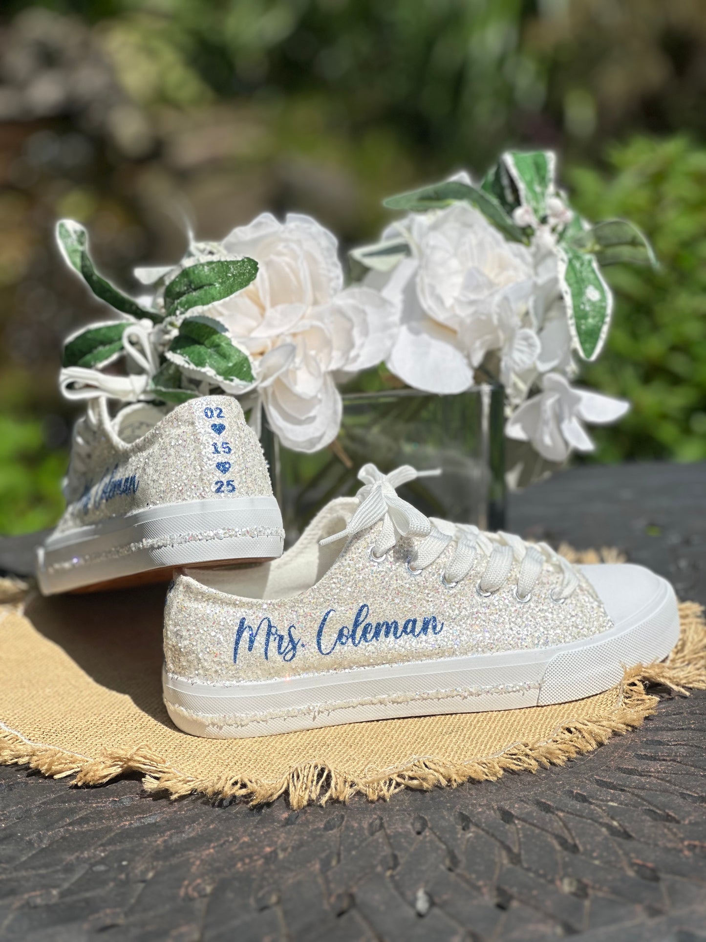 White Glitter Bride Sneakers with Blue Personalized Writing