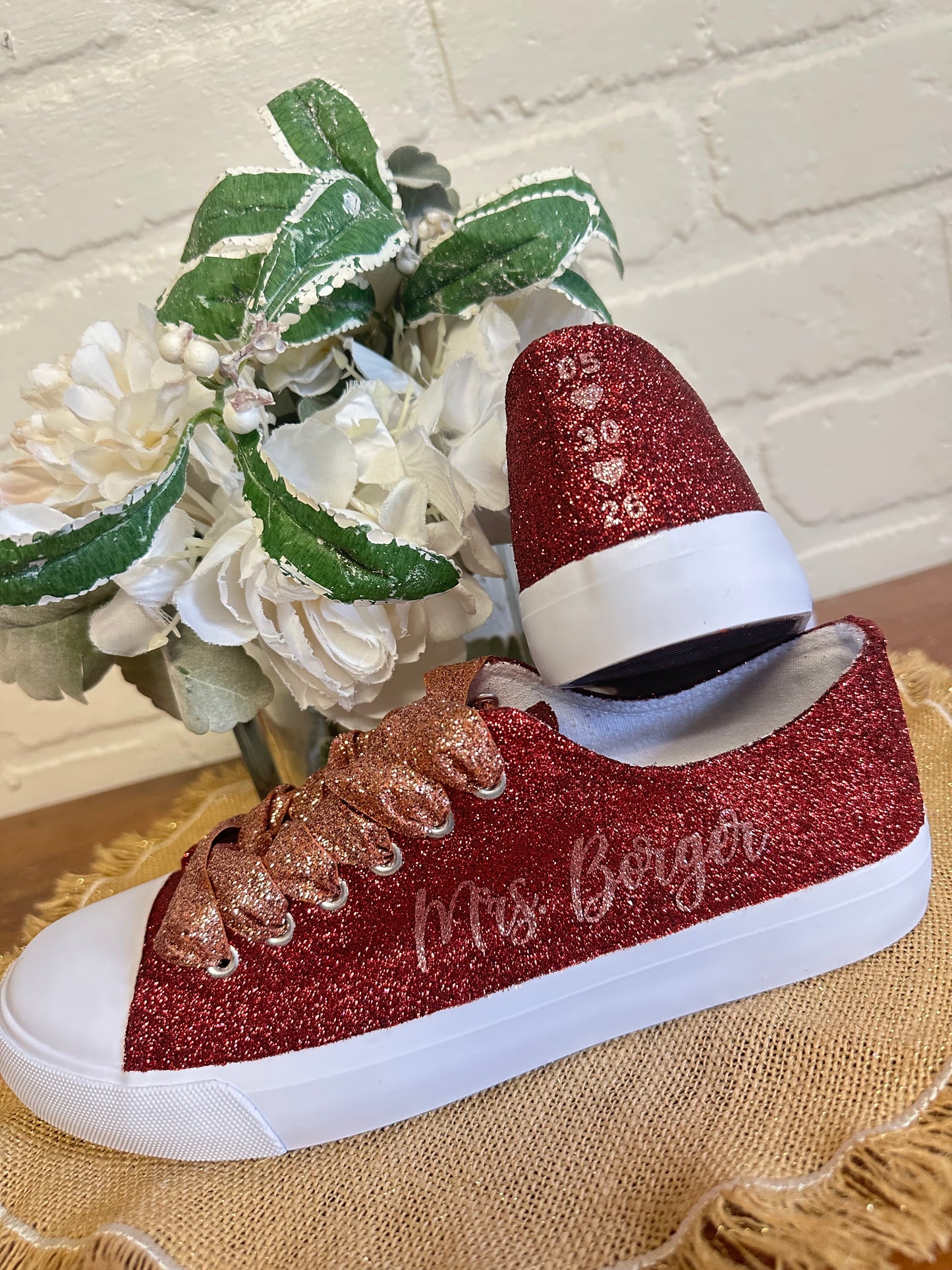 Burgundy Maroon Glitter Sneakers with Rose Gold Personalization