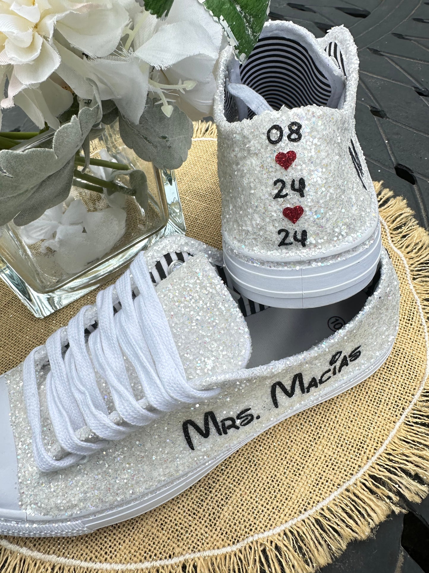 Personalized White Glitter Bride Sneakers with Black Mouse Inspired Writing