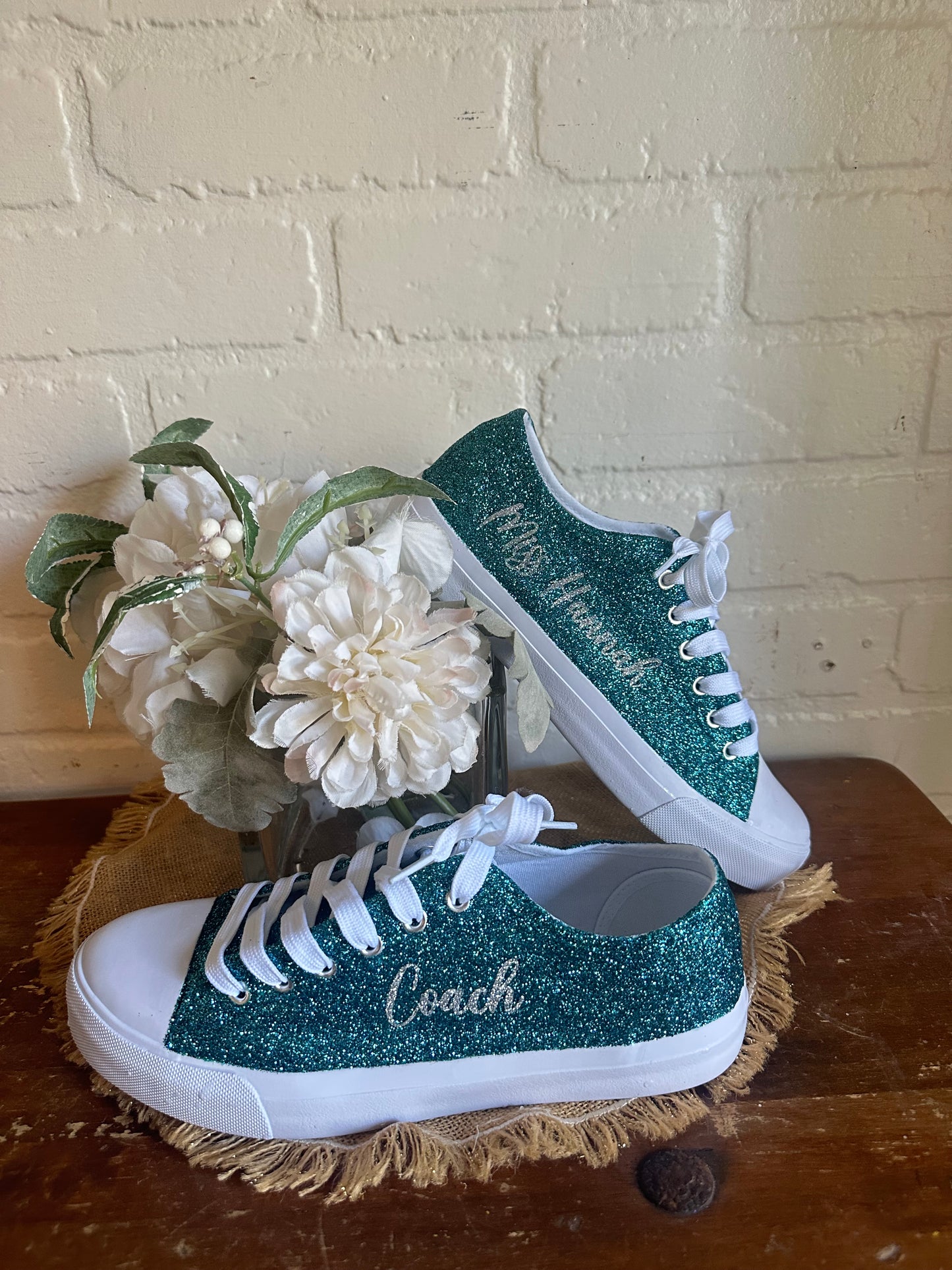 Hunter Green Glitter Wedding Sneakers with Silver Glitter Personalization