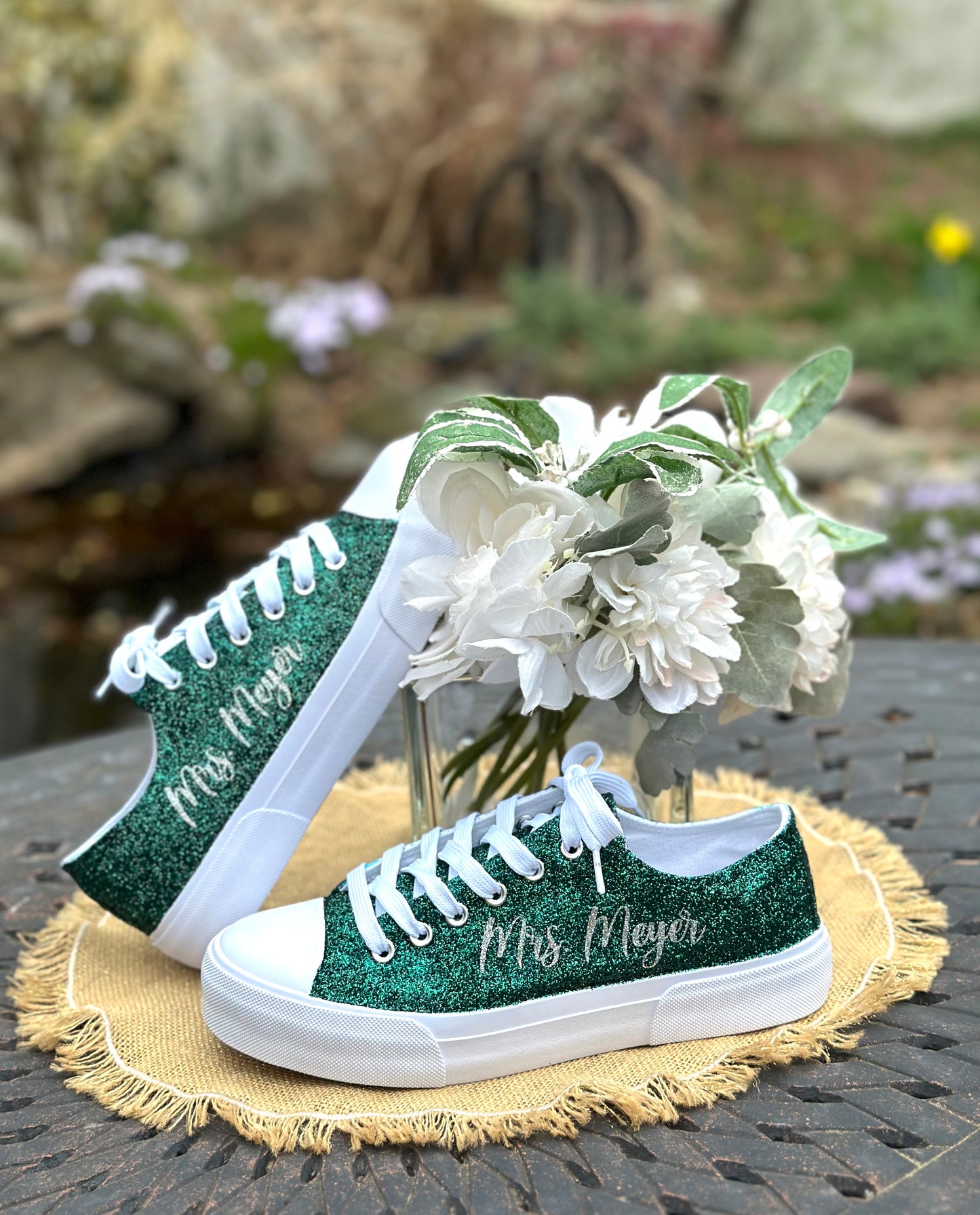 Hunter Green Glitter Wedding Sneakers with Silver Glitter Personalization