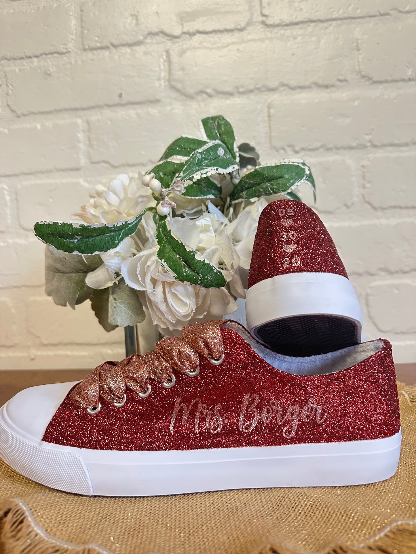 Burgundy Maroon Glitter Sneakers with Rose Gold Personalization