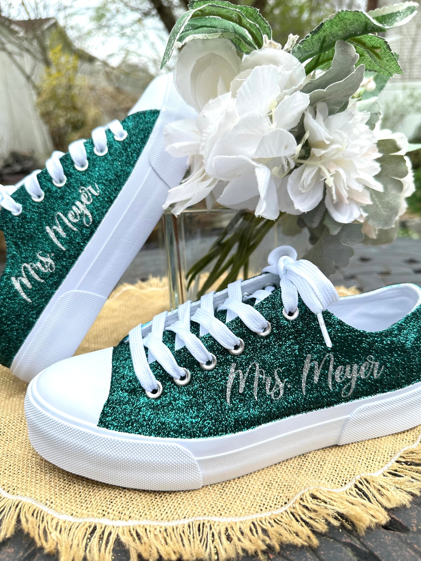 Hunter Green Glitter Wedding Sneakers with Silver Glitter Personalization