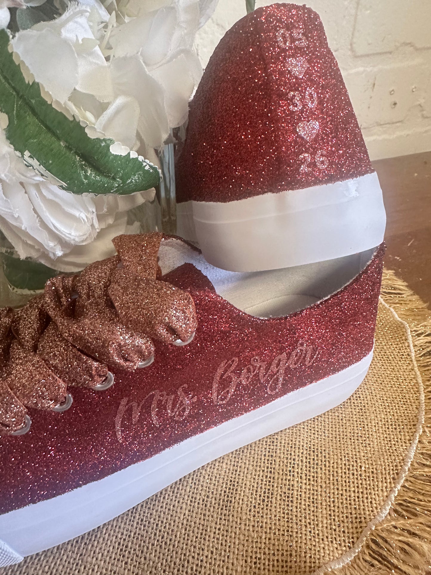 Burgundy Maroon Glitter Sneakers with Rose Gold Personalization