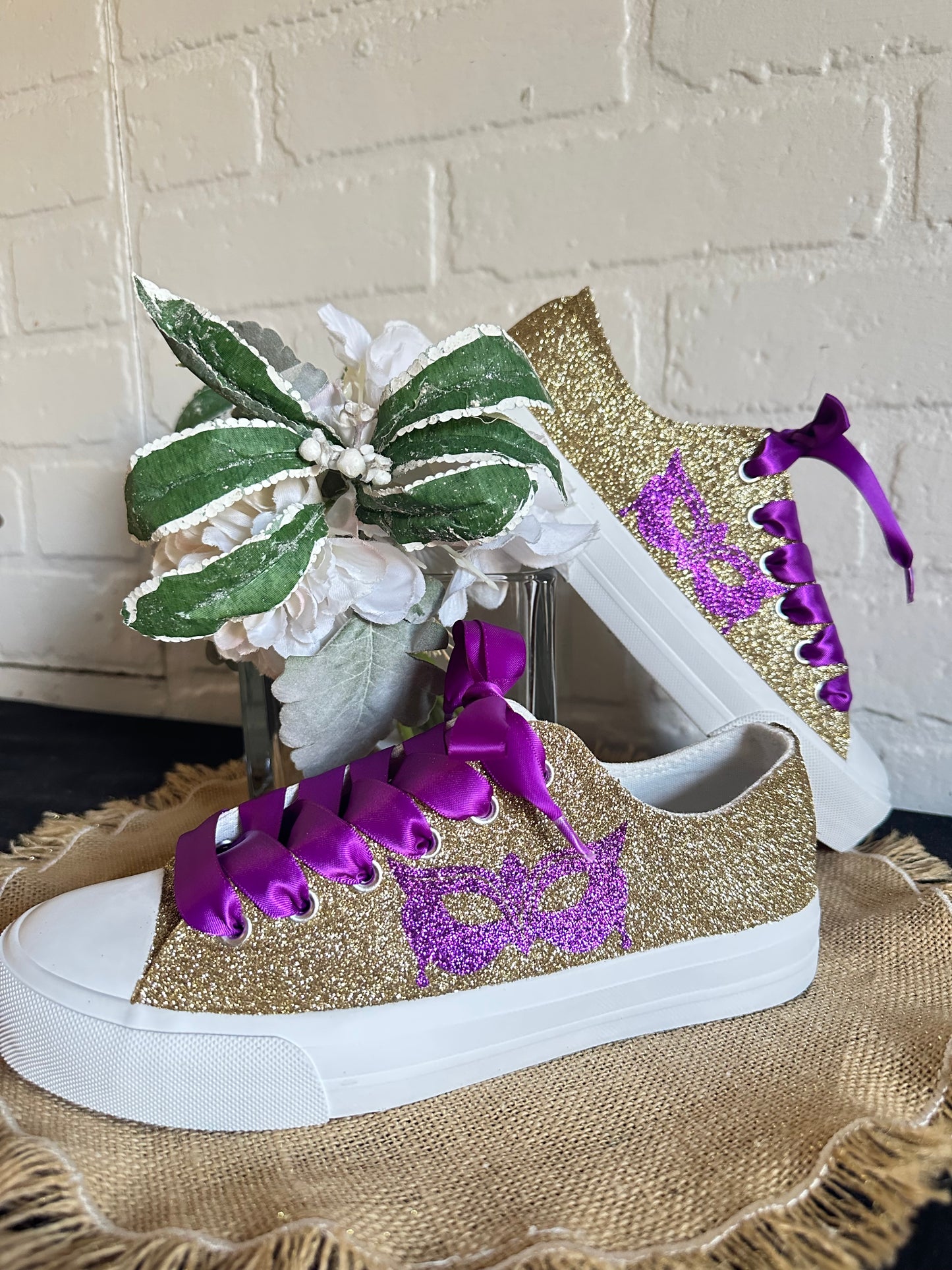 Mardi Gras Gold Masquerade Glitter Sneakers with Purple Ribbon Laces