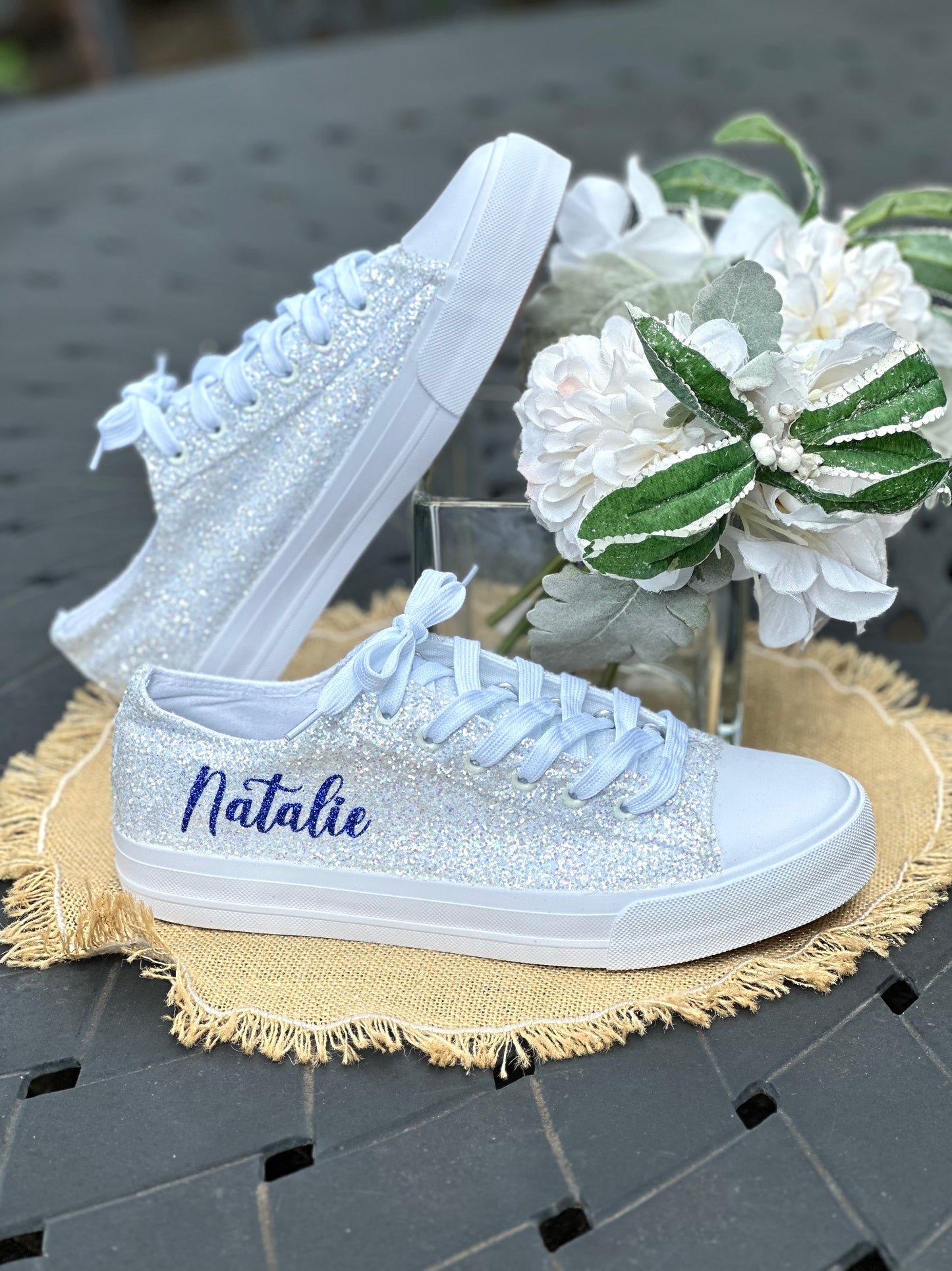 White Personalized Bride Sneakers with Navy Glitter Writing