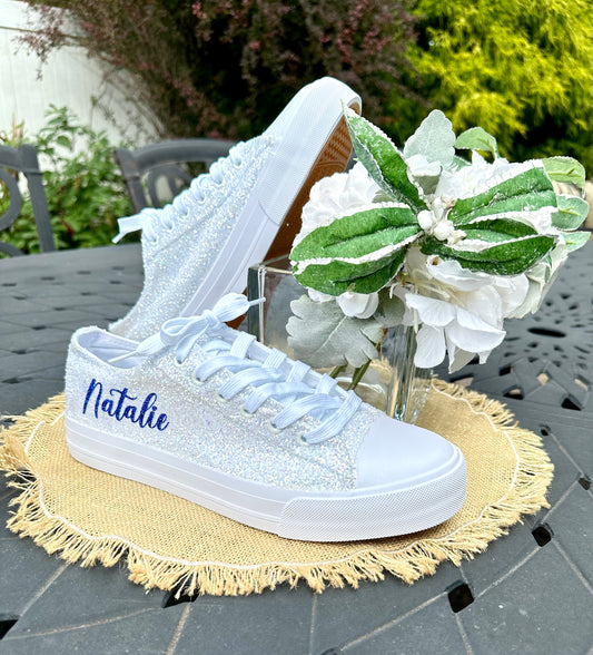 White Personalized Bride Sneakers with Navy Glitter Writing