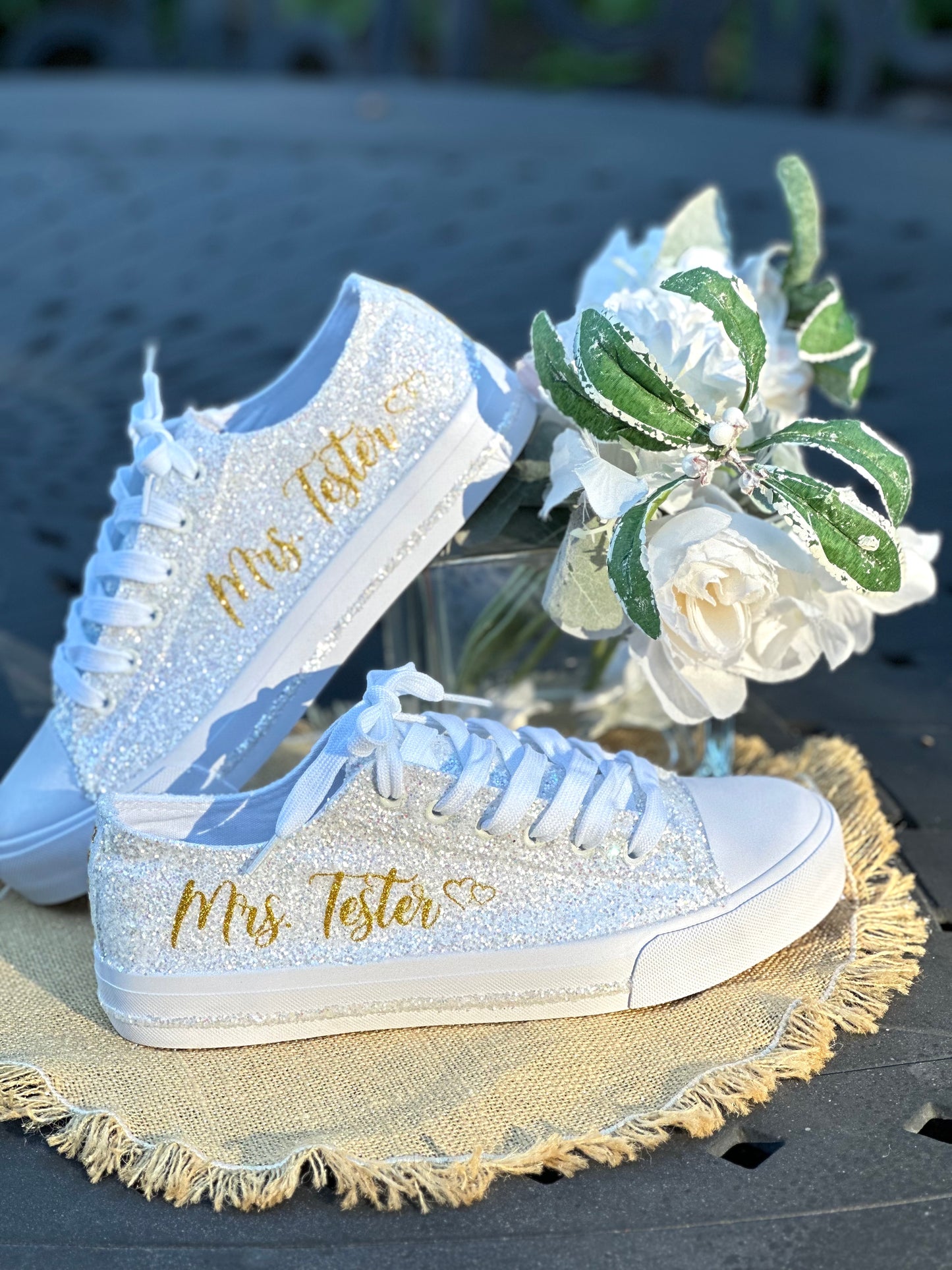 Personalized White Glitter Bride Sneakers with Gold Writing