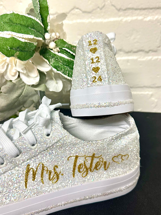 Personalized White Glitter Bride Sneakers with Gold Writing