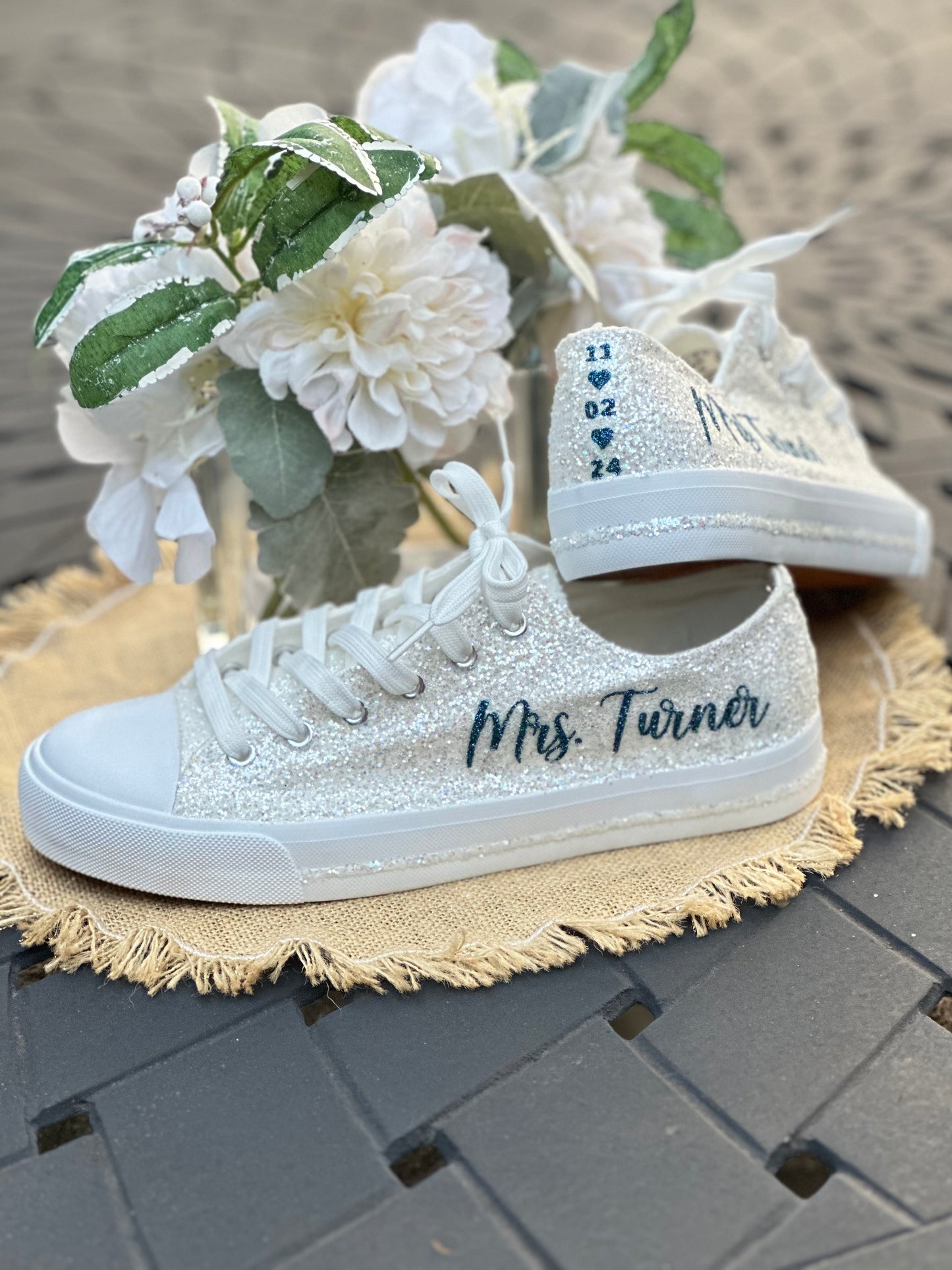 Teal Blue Personalized White Glitter Sneakers