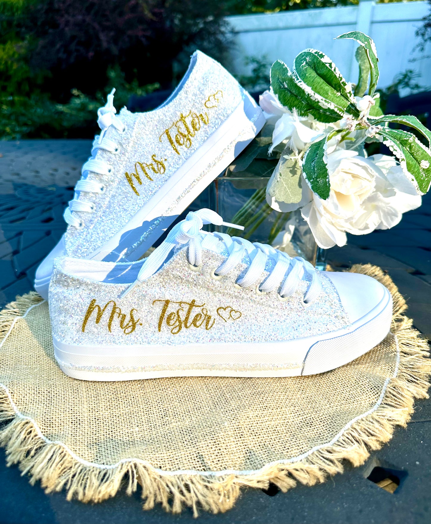 Personalized White Glitter Bride Sneakers with Gold Writing