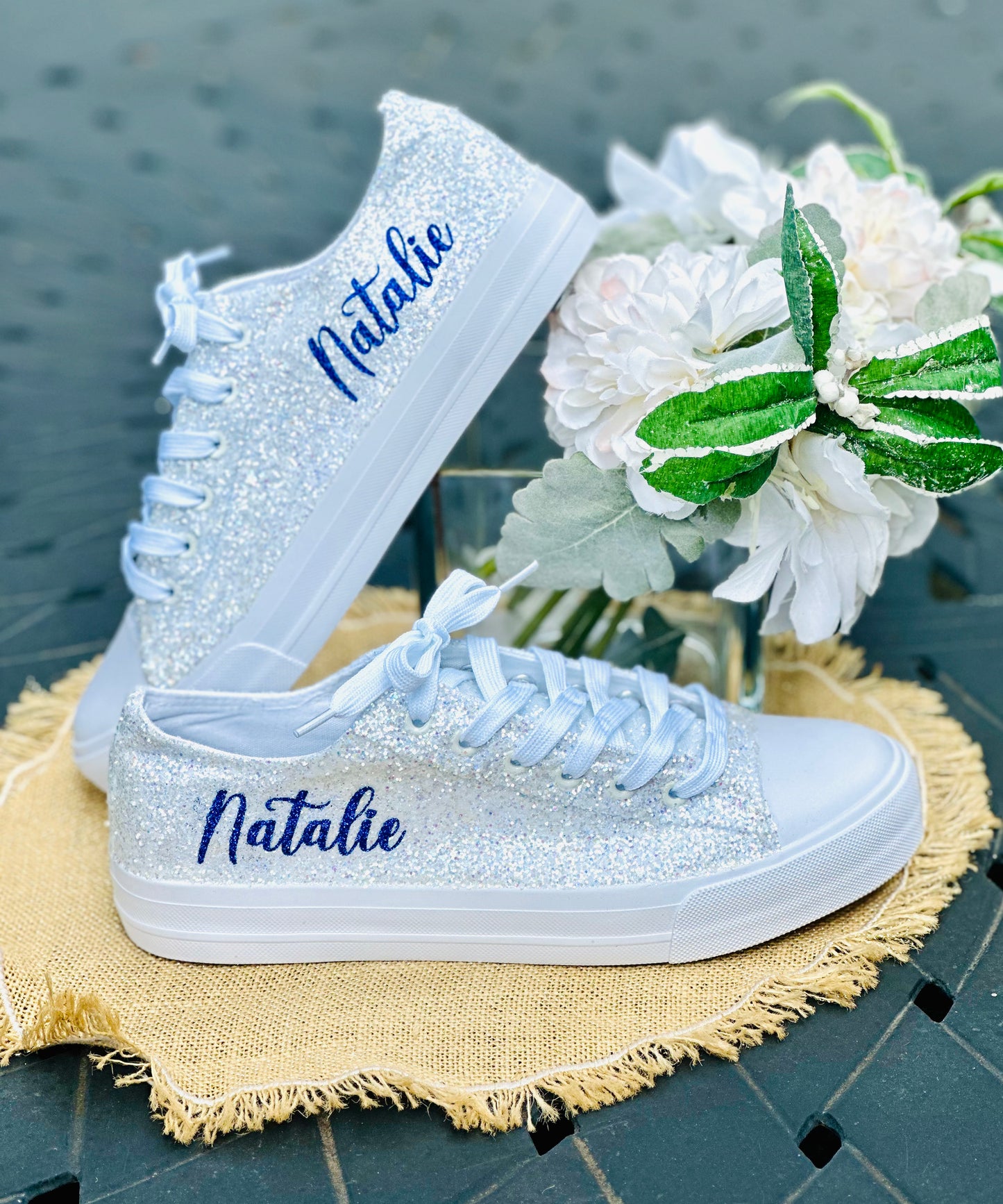 White Personalized Bride Sneakers with Navy Glitter Writing