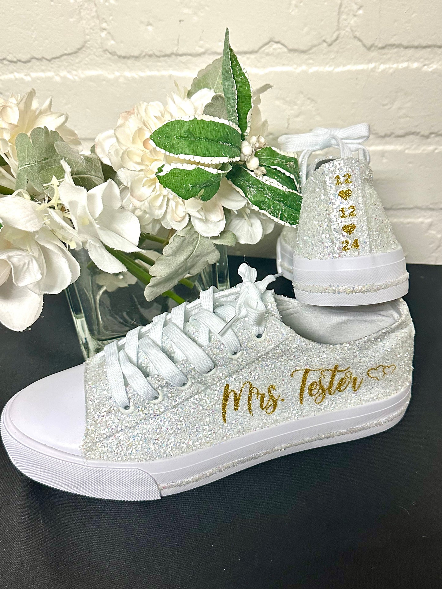 Personalized White Glitter Bride Sneakers with Gold Writing