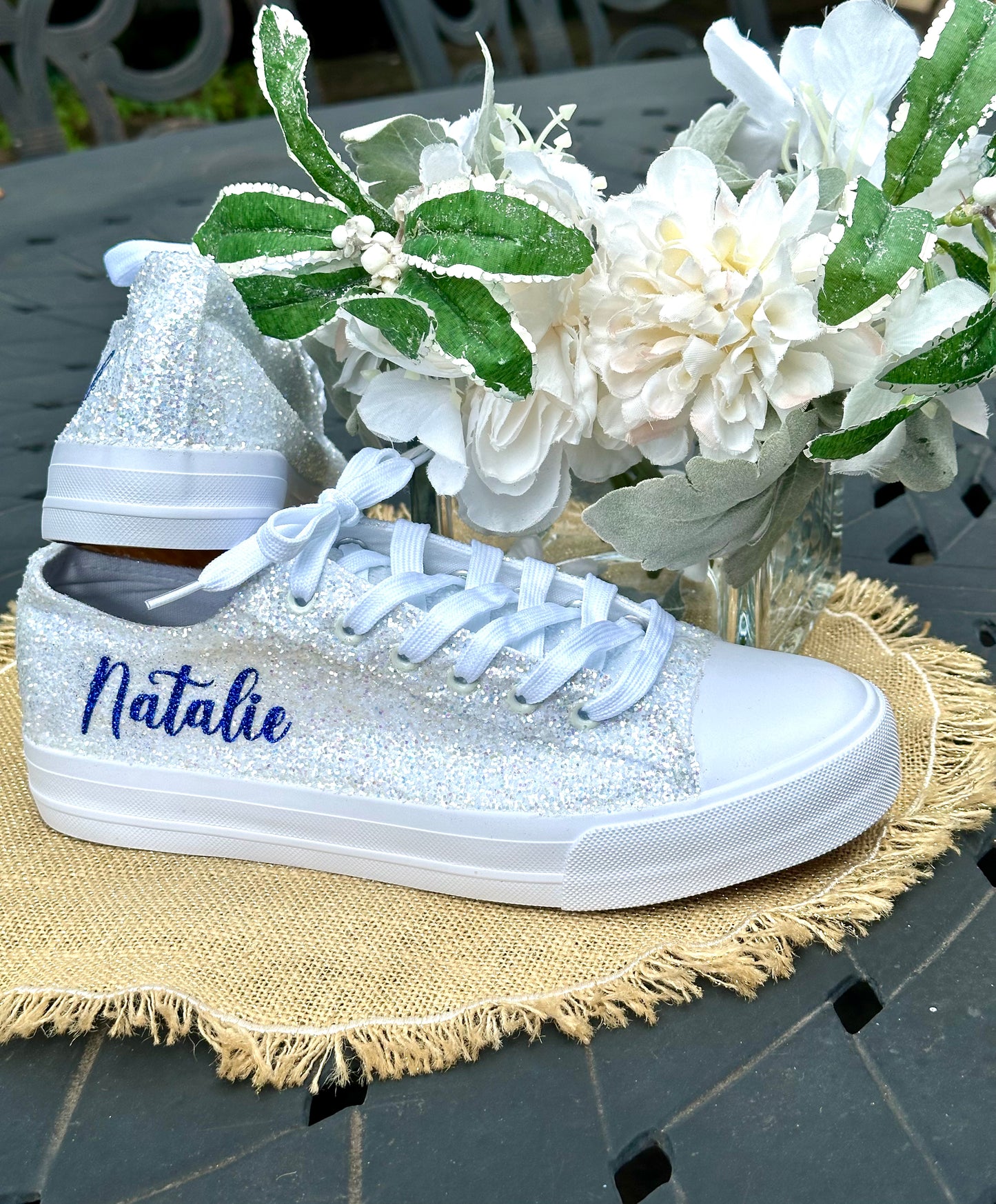 White Personalized Bride Sneakers with Navy Glitter Writing