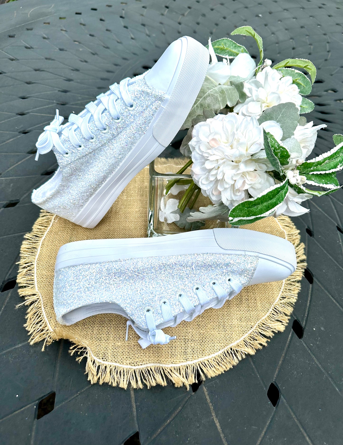 White Personalized Bride Sneakers with Navy Glitter Writing