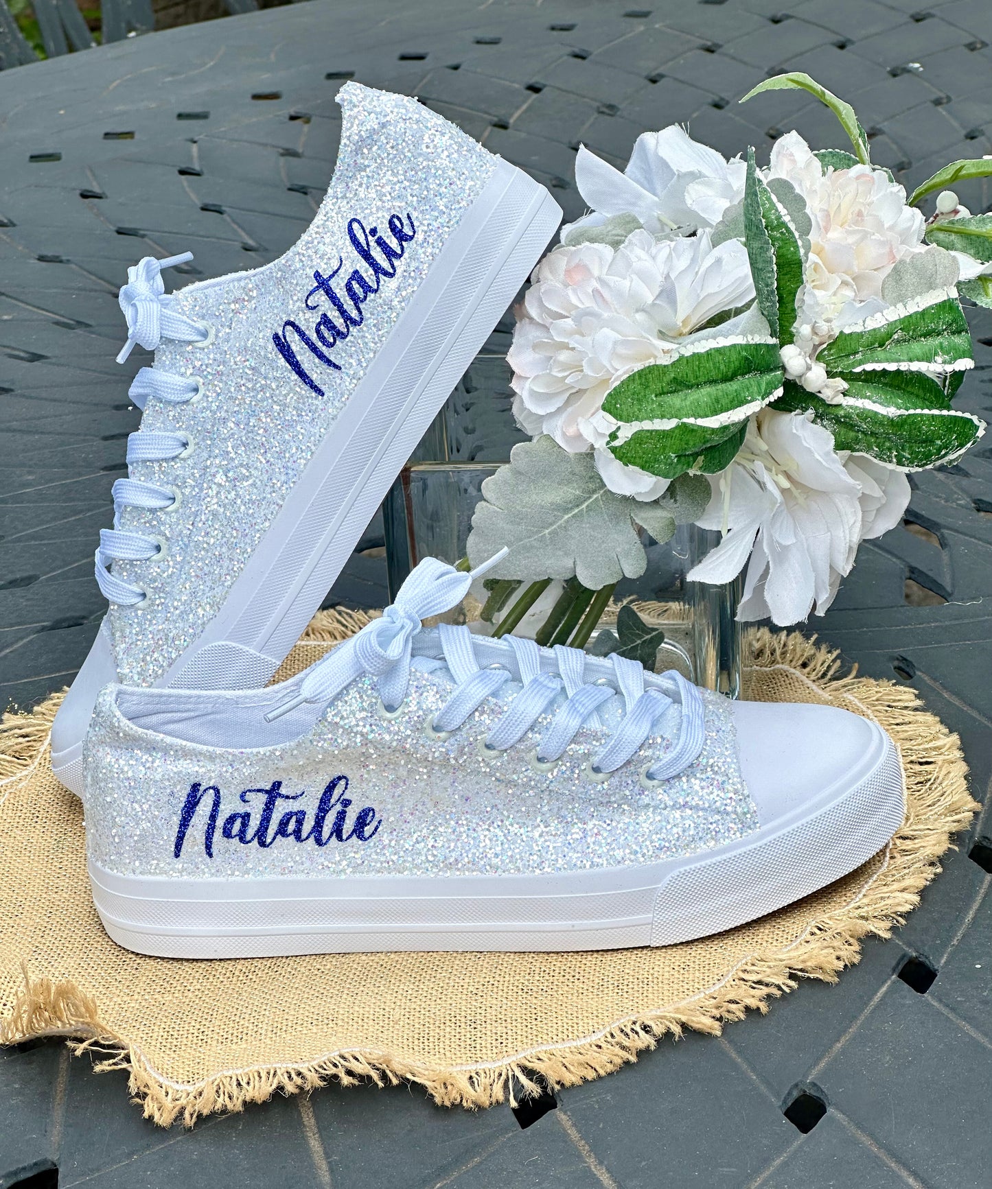 White Personalized Bride Sneakers with Navy Glitter Writing