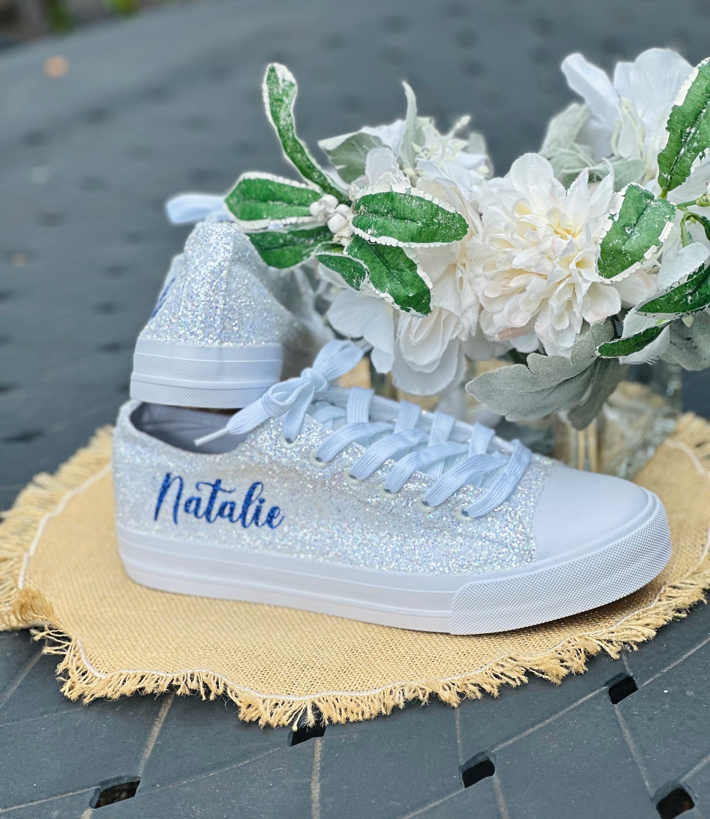 White Personalized Bride Sneakers with Navy Glitter Writing