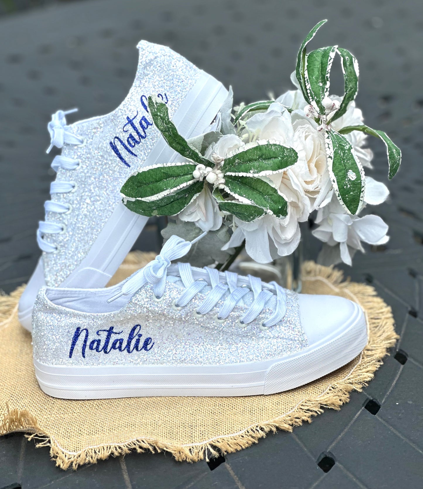 White Personalized Bride Sneakers with Navy Glitter Writing