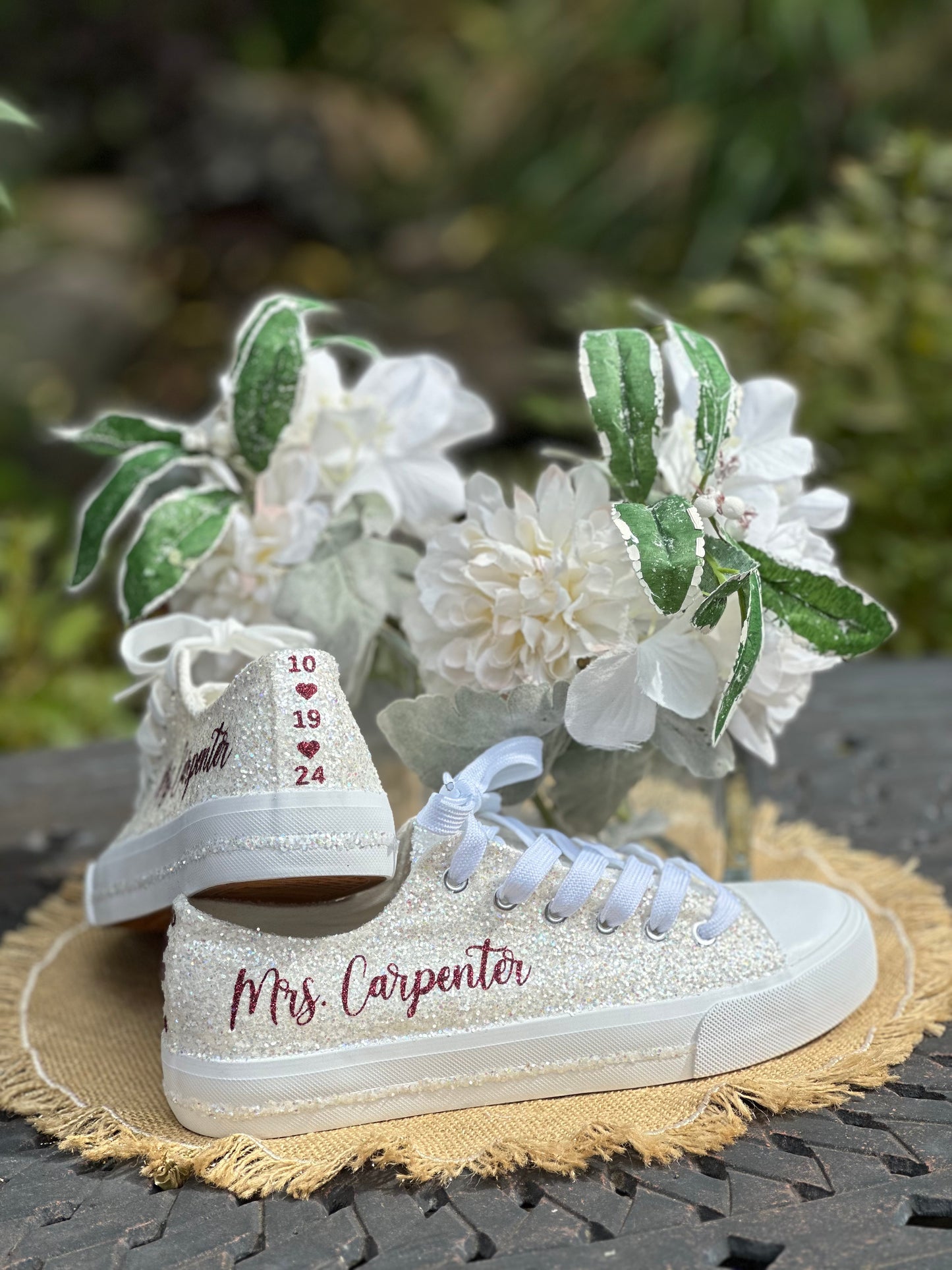 Personalized White Glitter Bride Sneakers with Burgundy Red Writing