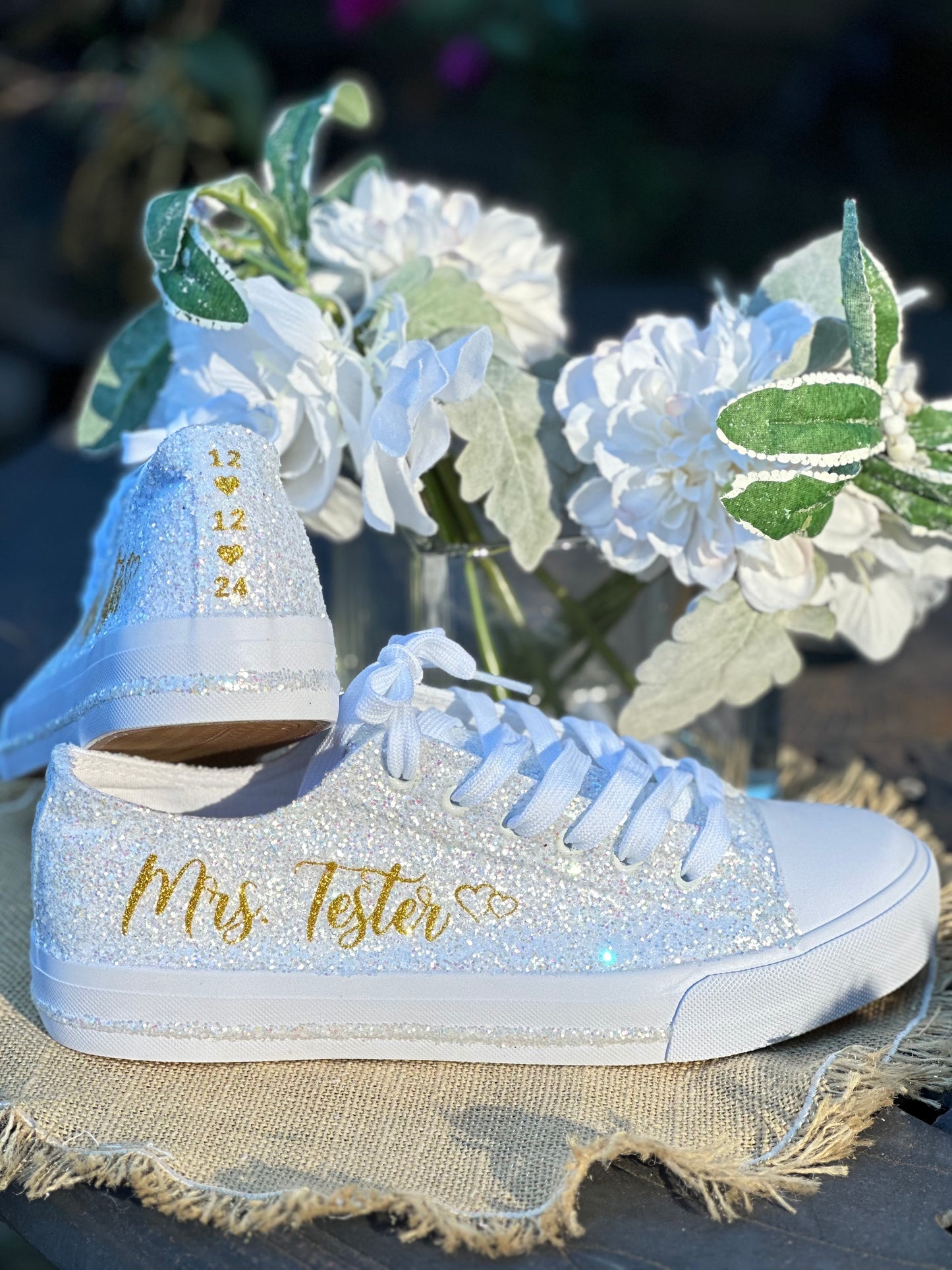 Personalized White Glitter Bride Sneakers with Gold Writing