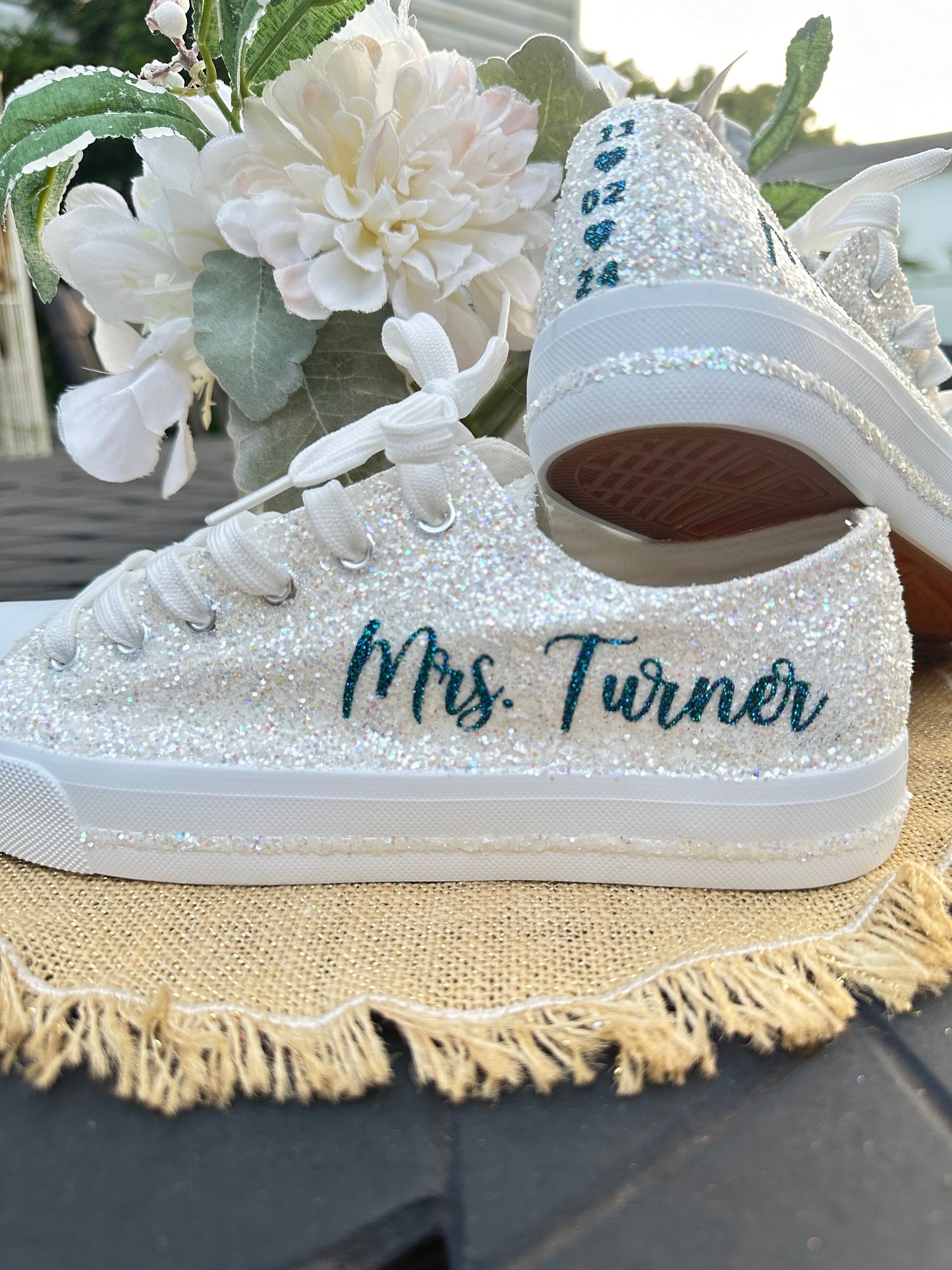 Teal Blue Personalized White Glitter Sneakers