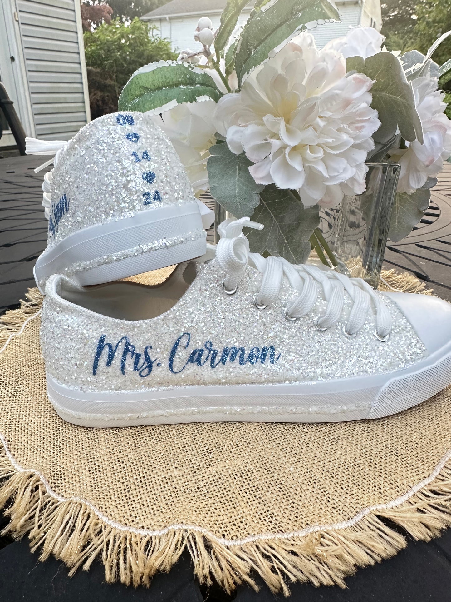 White Glitter Bride Sneakers with Blue Personalized Writing