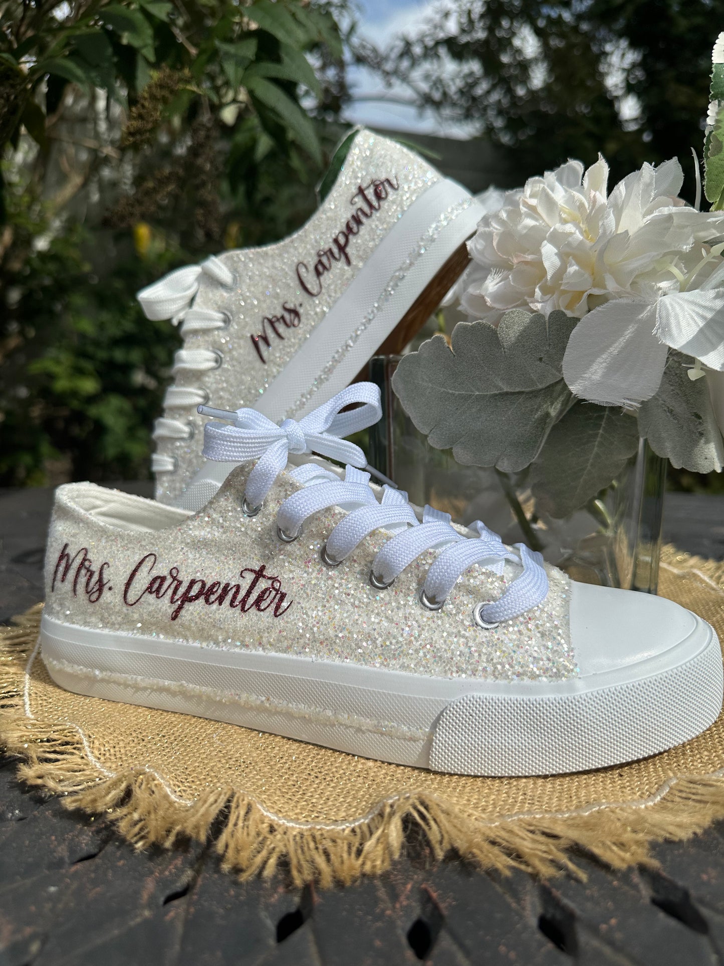 Personalized White Glitter Bride Sneakers with Burgundy Red Writing