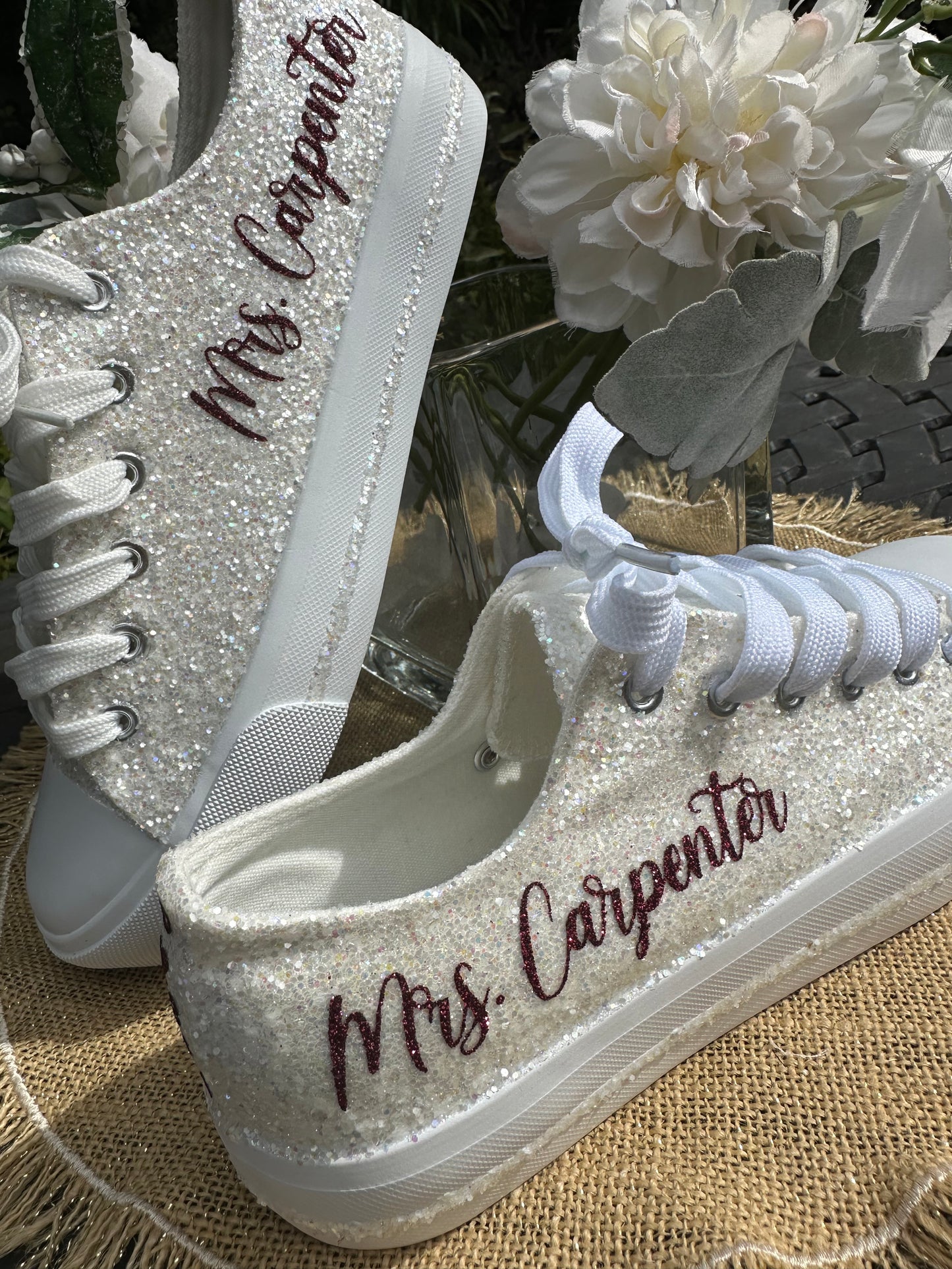 Personalized White Glitter Bride Sneakers with Burgundy Red Writing