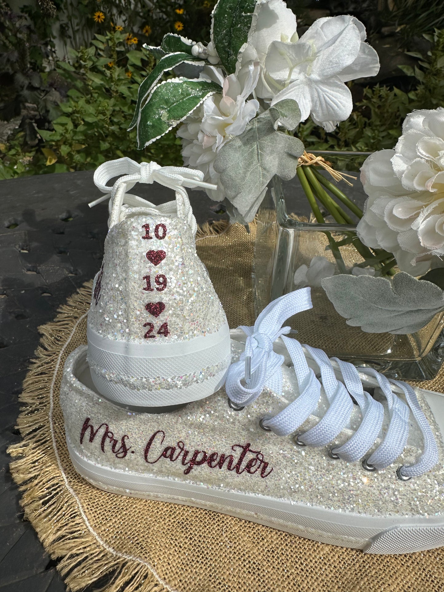 Personalized White Glitter Bride Sneakers with Burgundy Red Writing