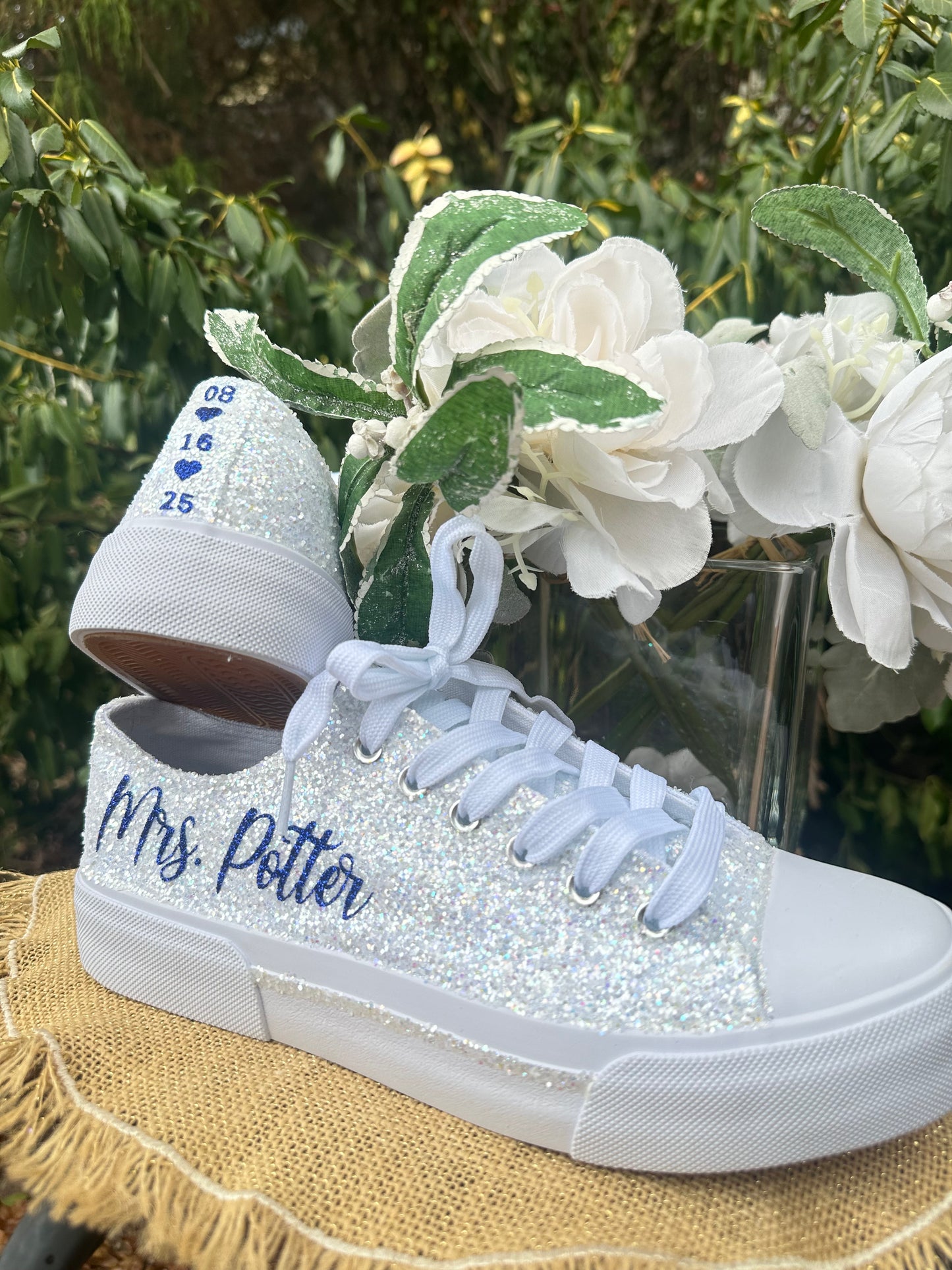 White Personalized Bride Sneakers with Navy Glitter Writing