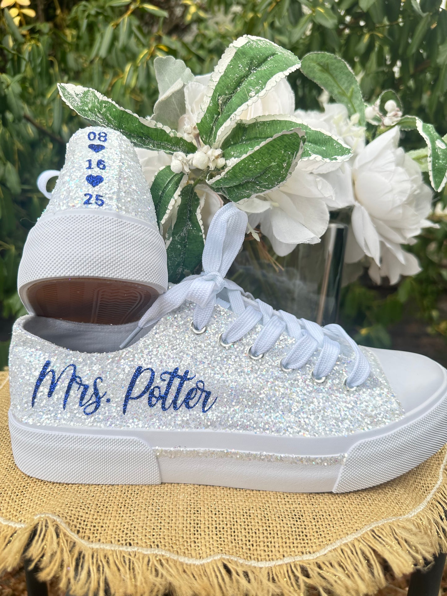 White Personalized Bride Sneakers with Navy Glitter Writing