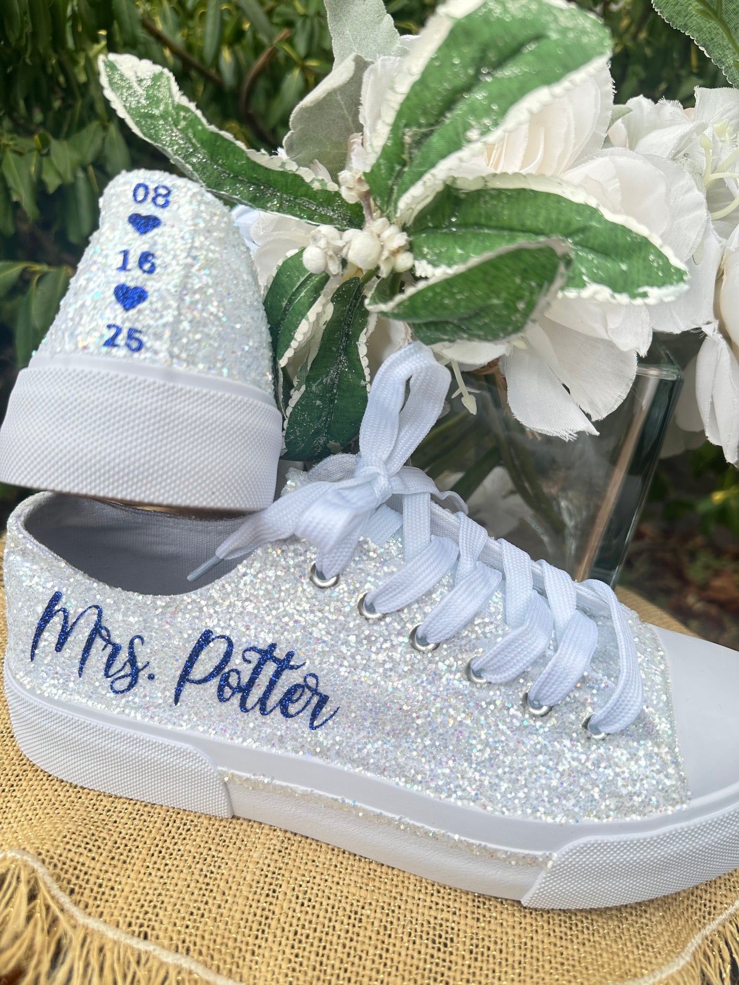 White Personalized Bride Sneakers with Navy Glitter Writing