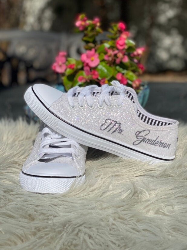 White Glitter Wedding Sneakers with Pewter Grey Personalization