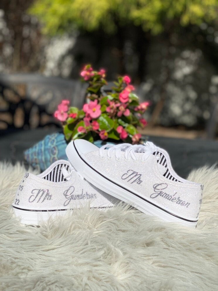 White Glitter Wedding Sneakers with Pewter Grey Personalization