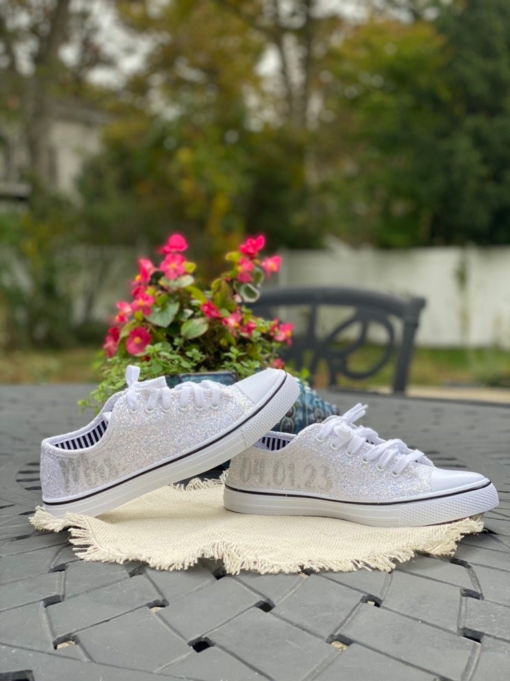 Personalized White Glitter Sneakers with Silver Mrs