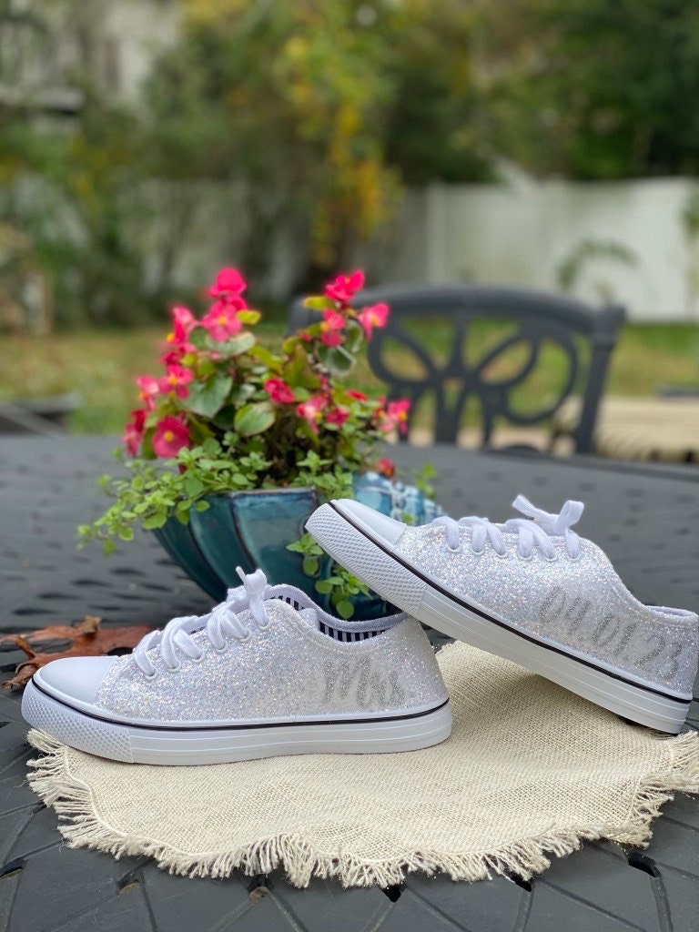 Personalized White Glitter Sneakers with Silver Mrs